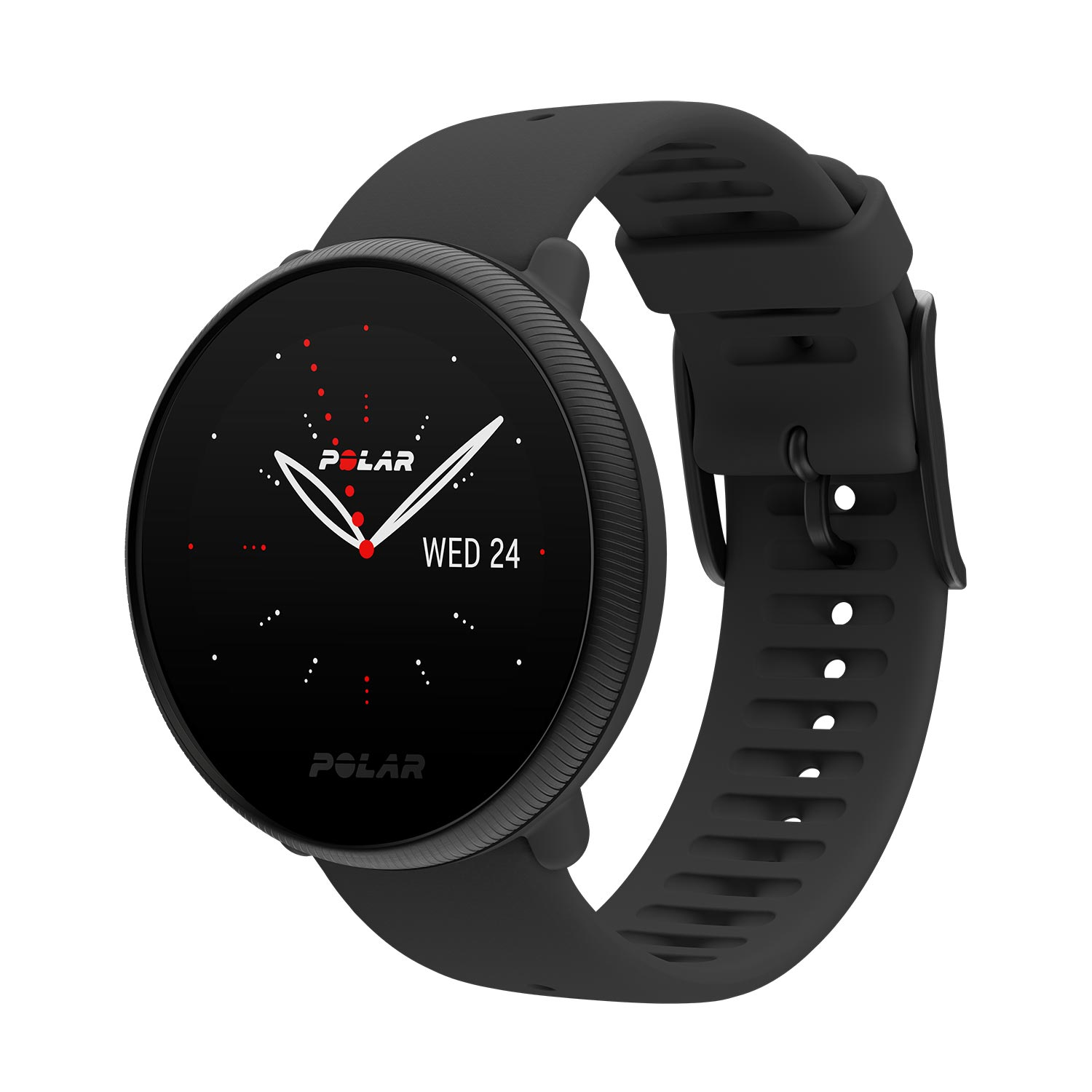 Czarny smartwatch Polar z okrągłą tarczą wyświetlającą datę.