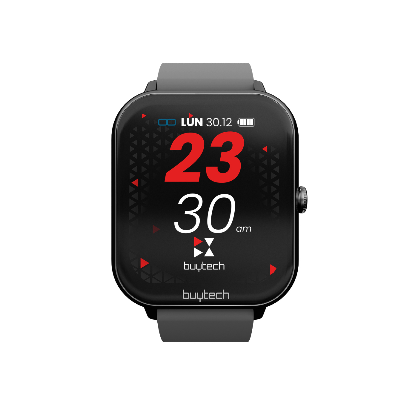 Smartwatch grigio con quadrante nero che mostra le 23:30.