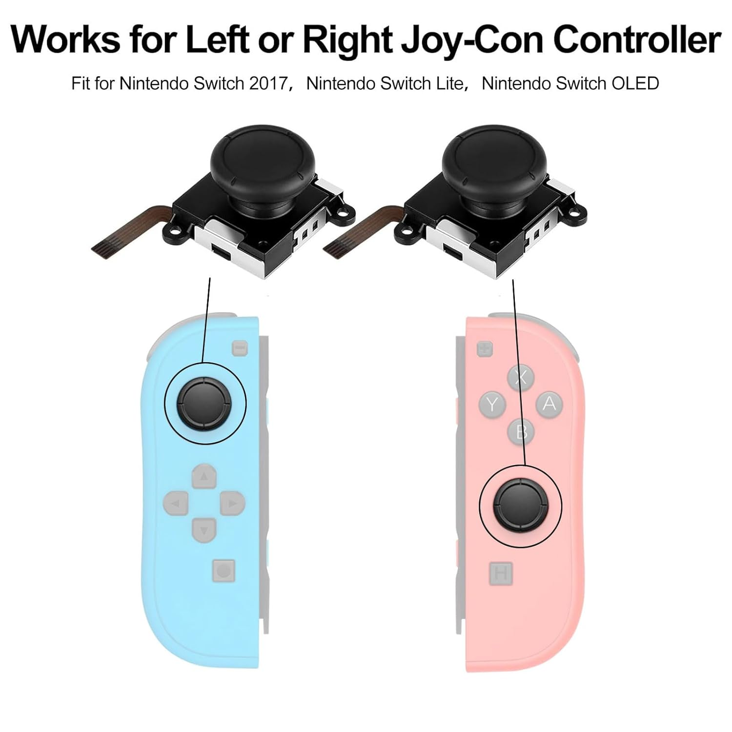 Zwei Nintendo Switch Joy-Con Ersatz-Joysticks über den linken und rechten Controller-Hälften.