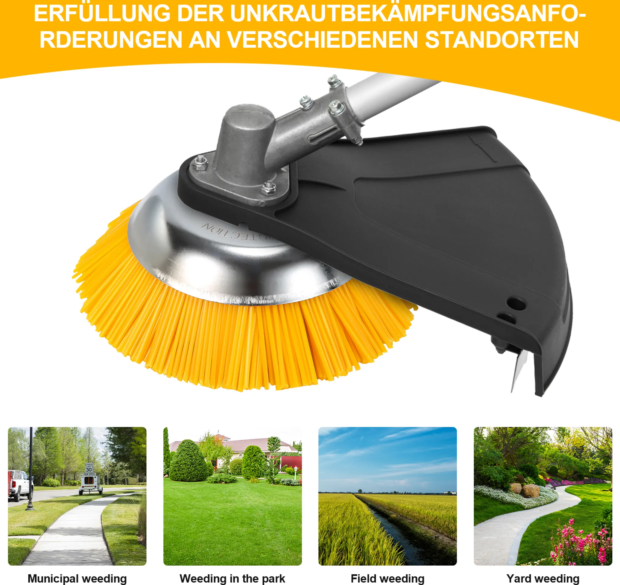 Gelbe Bürste eines Rasentrimmers mit Metall- und schwarzen Kunststoffteilen.