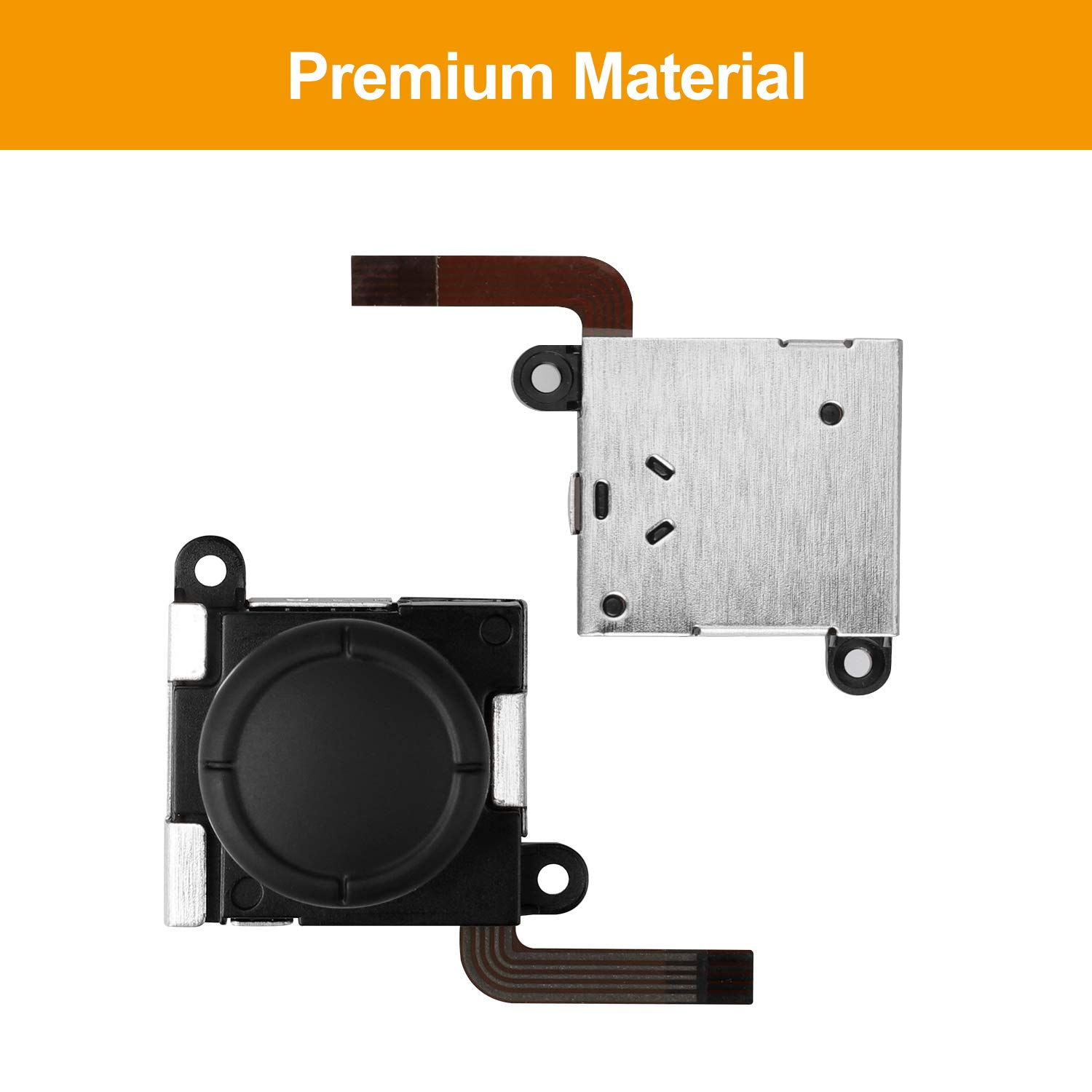 Ein schwarzer Joystick-Modul und ein silbernes Metallgehäuse mit Flachbandkabeln.
