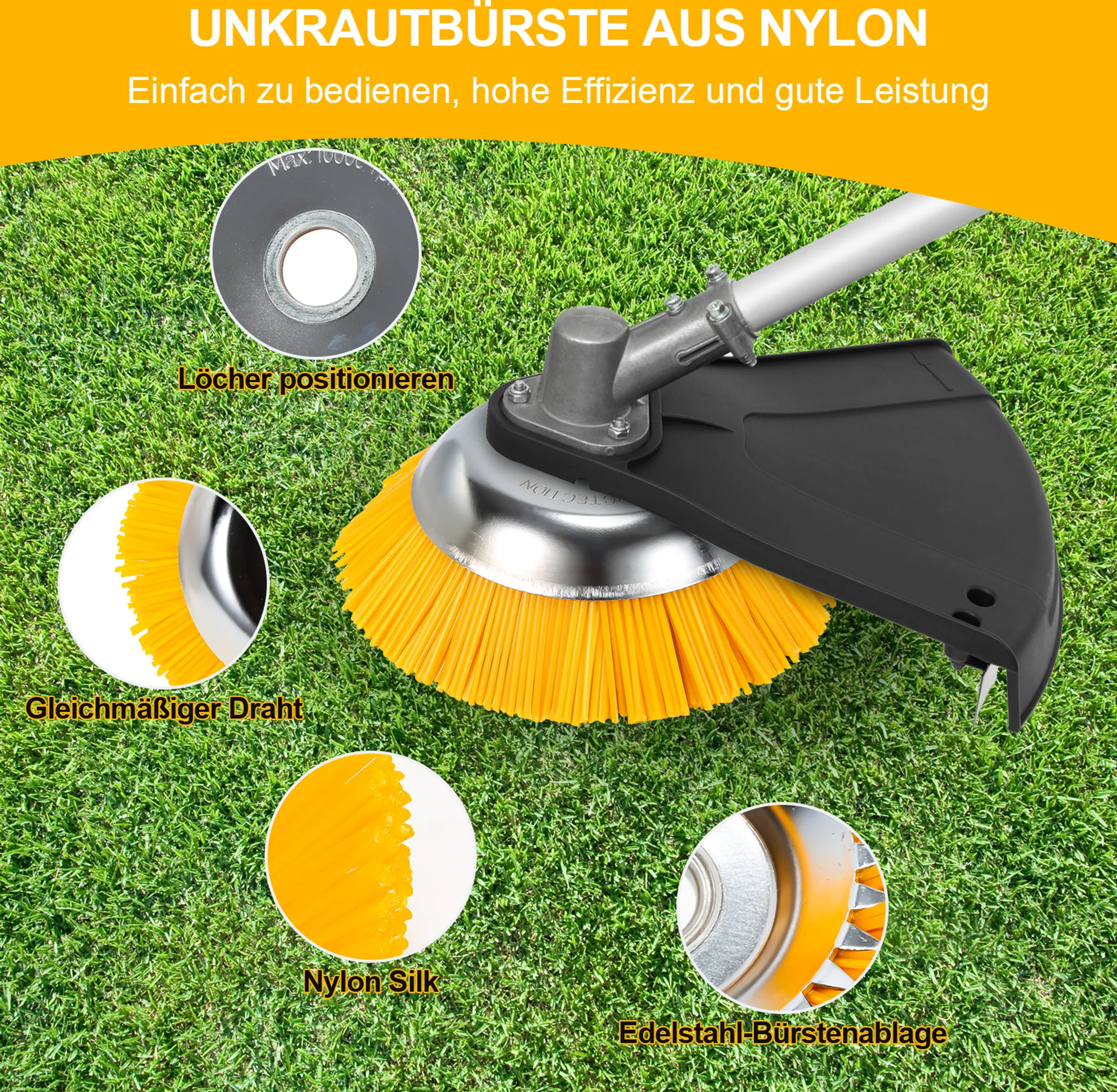 Nylon-Unkrautbürste mit detaillierten Ansichten: Lochpositionierung, Draht, Nylonseide und Stahlablage.