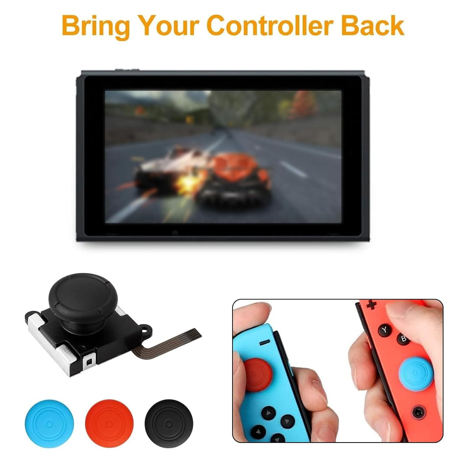 Nintendo Switch-Bildschirm mit Autorennen, Joystick-Teil und farbigen Kappen.
