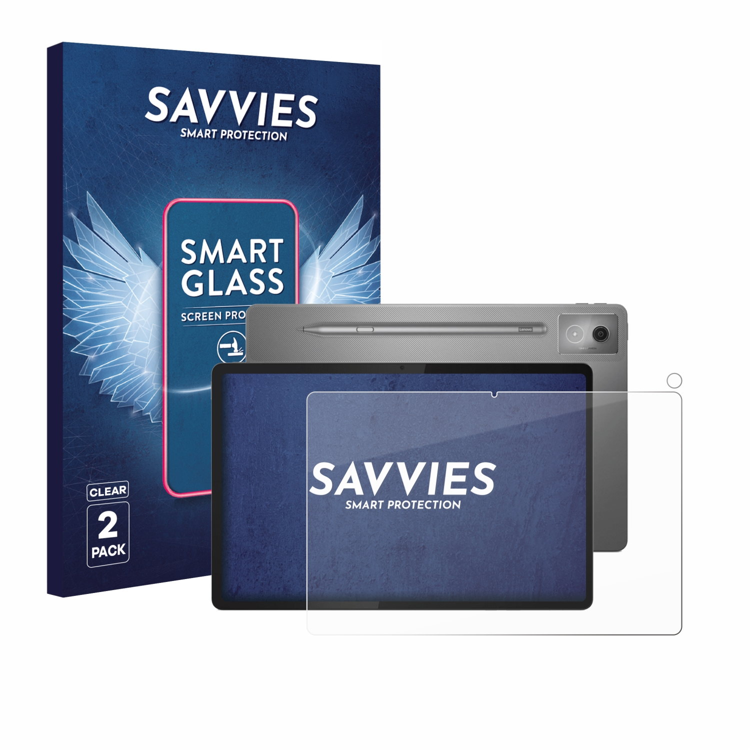 Savvies Smart Glass Displayschutzfolien-Verpackung neben einem Tablet mit Schutz.