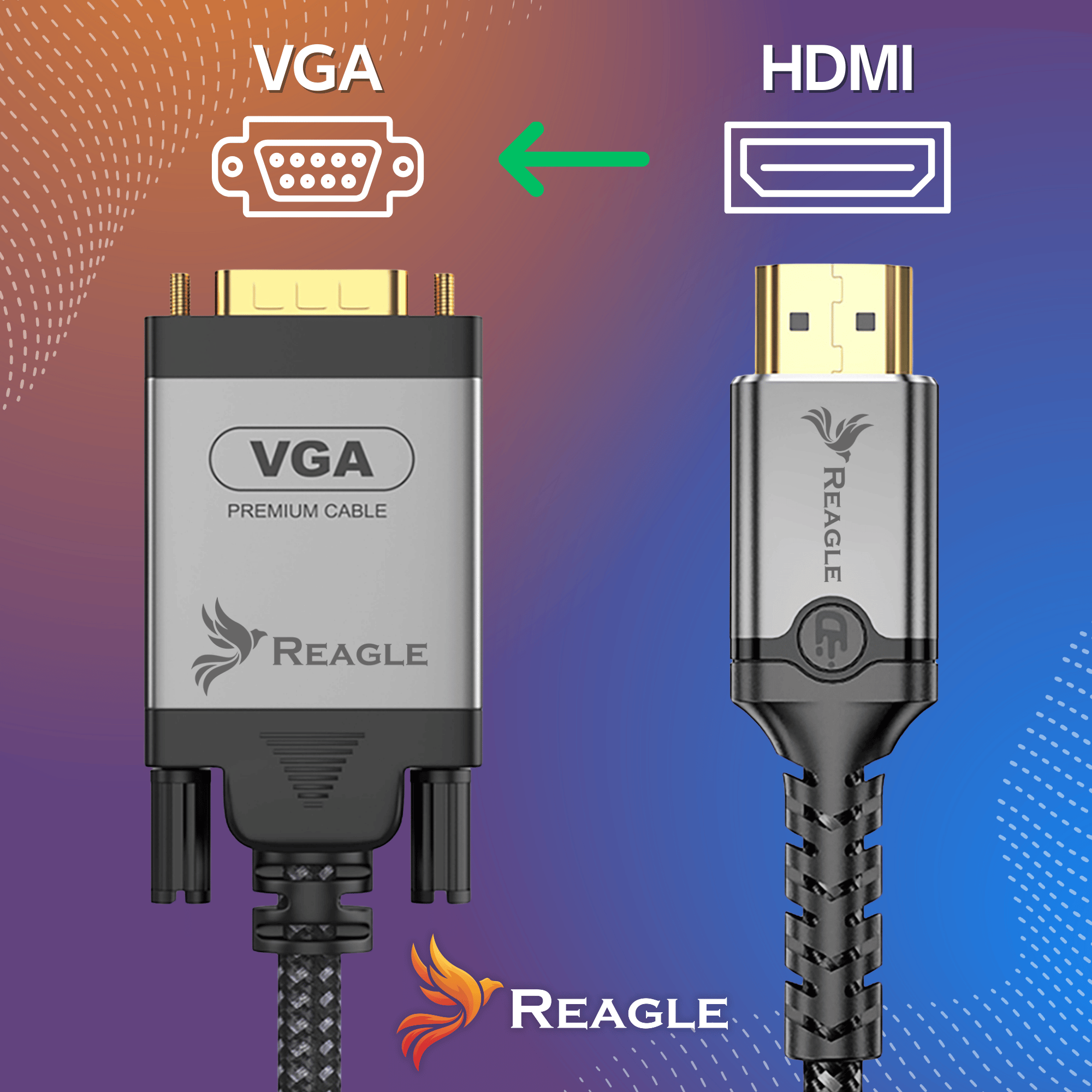 Kable VGA i HDMI z logotypami i strzałką wskazującą przejście.