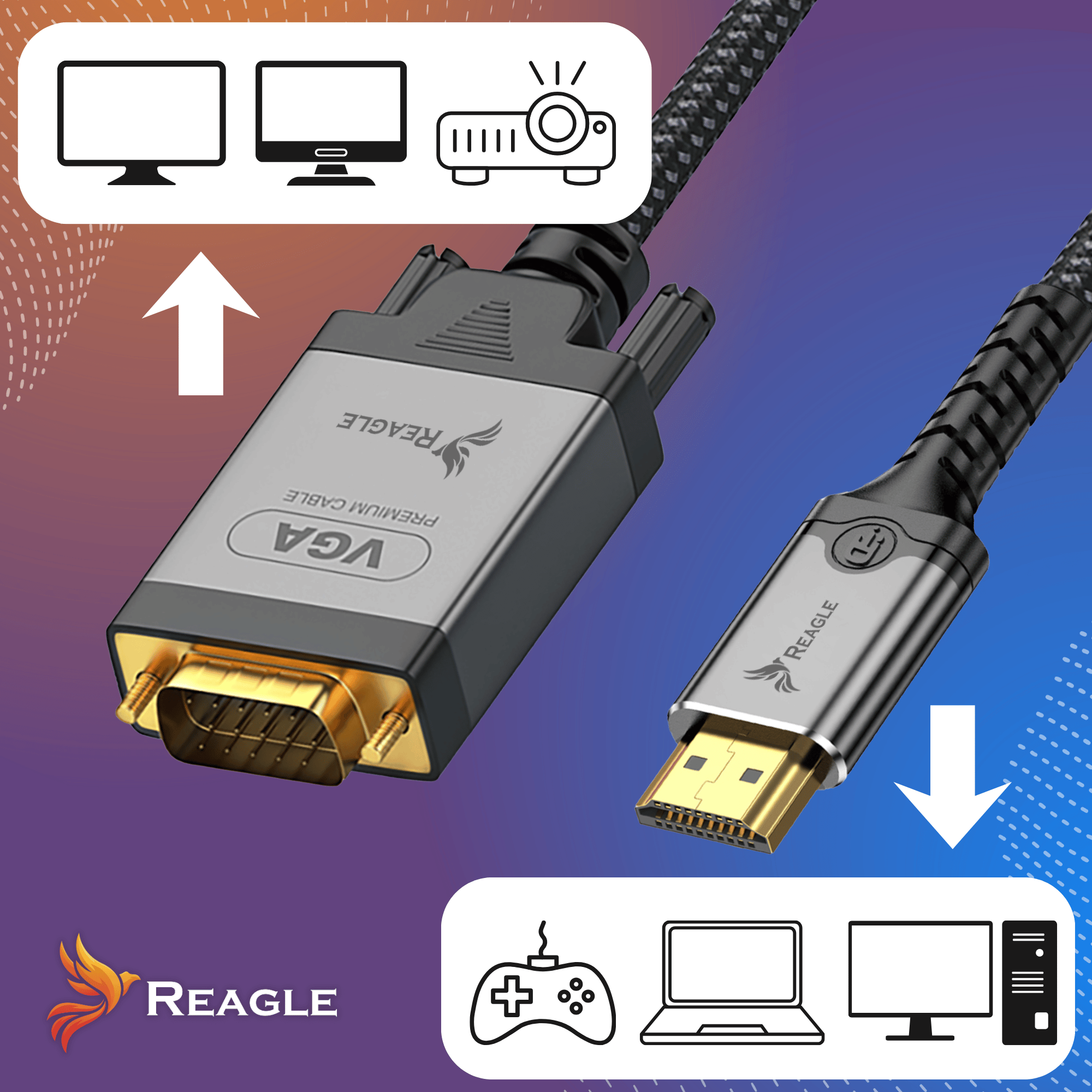 Kable VGA i HDMI z ikonami monitorów, projektora, gamepada, laptopa i komputera.
