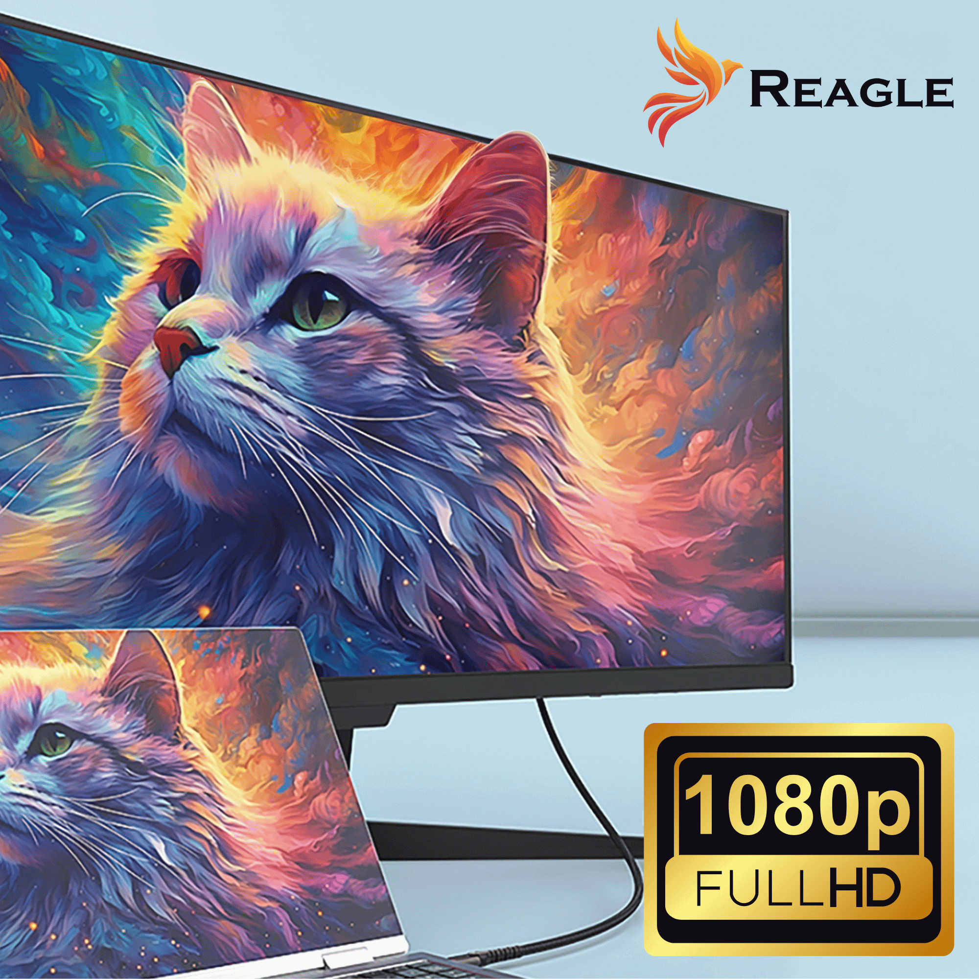 Monitor i laptop wyświetlają kolorowy obraz kota. Naklejka "1080p FULLHD".