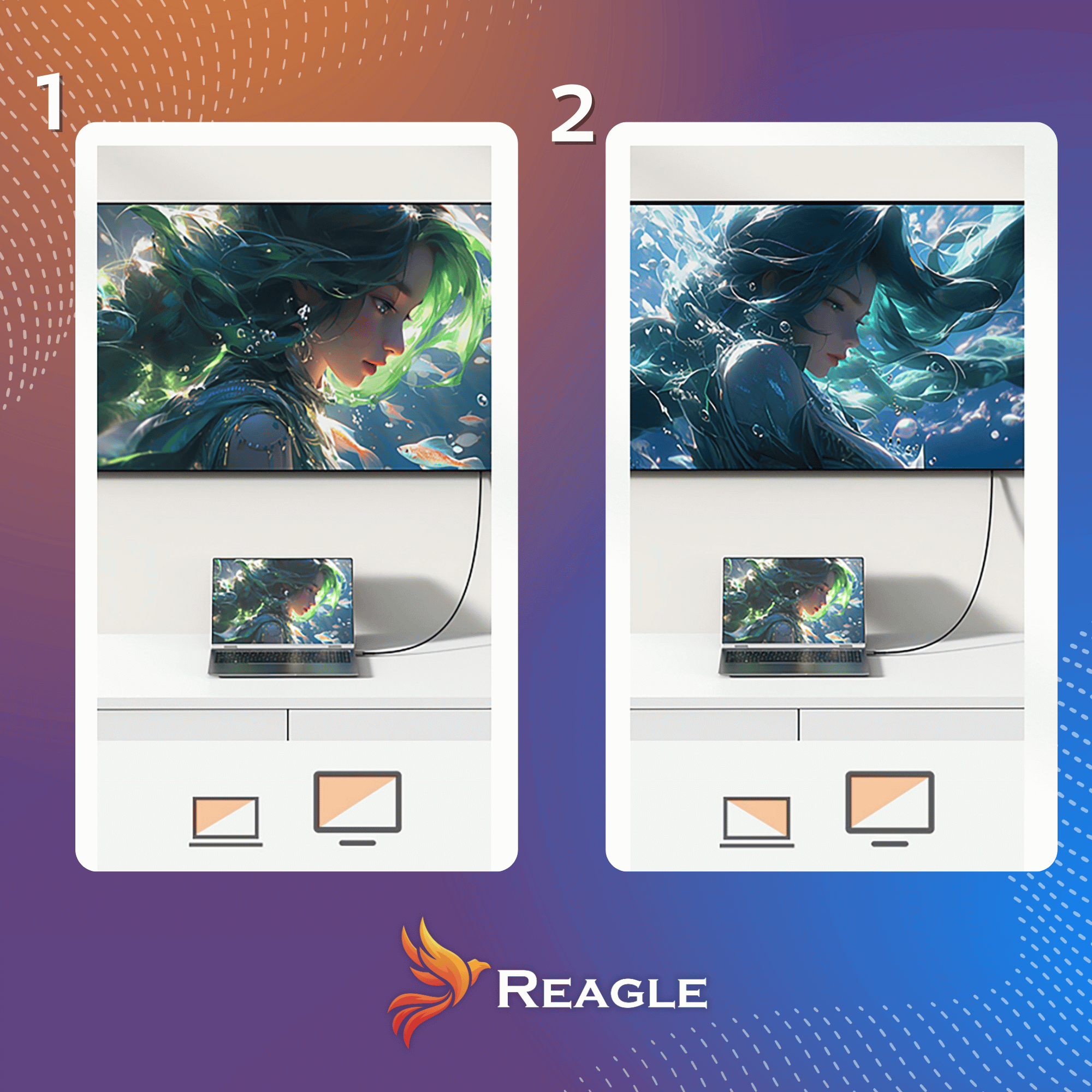 Dwa ekrany pokazują syrenę z zielonymi włosami obok laptopa.