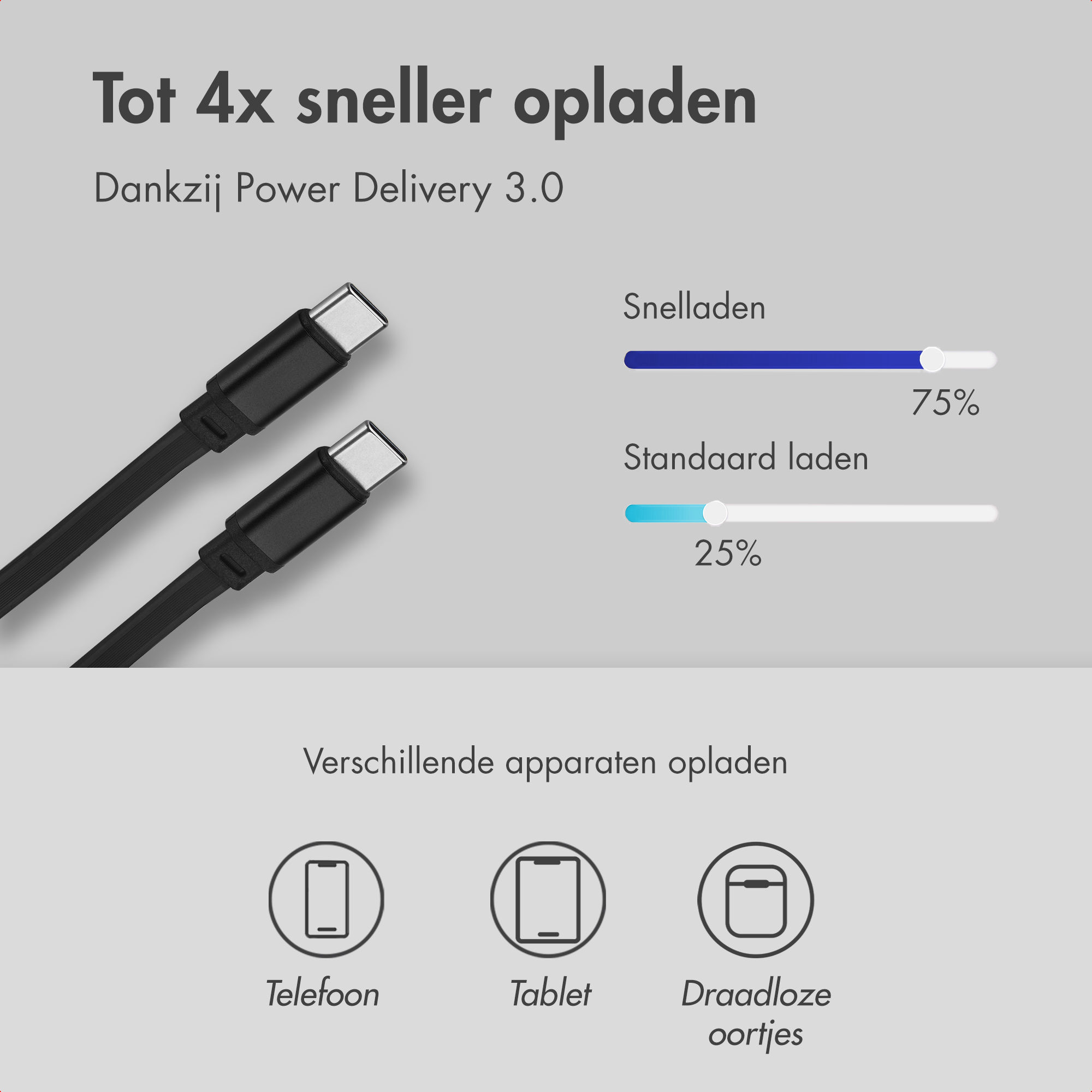 Due cavi USB-C, indicatori di carica e icone per telefono, tablet, auricolari.