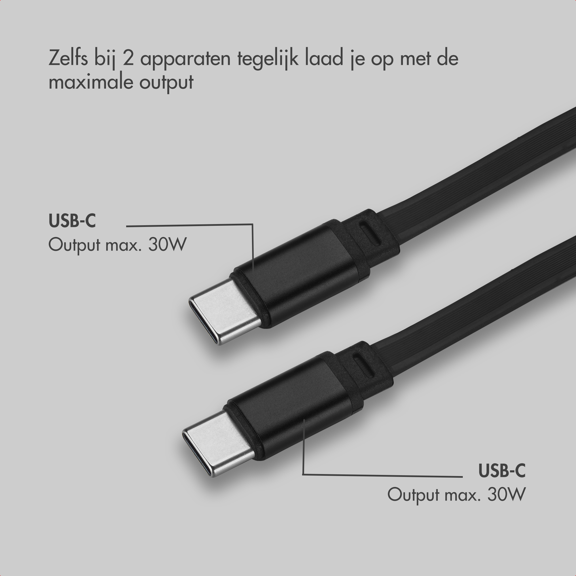 Due cavi USB-C neri con connettori argentati, max 30W.