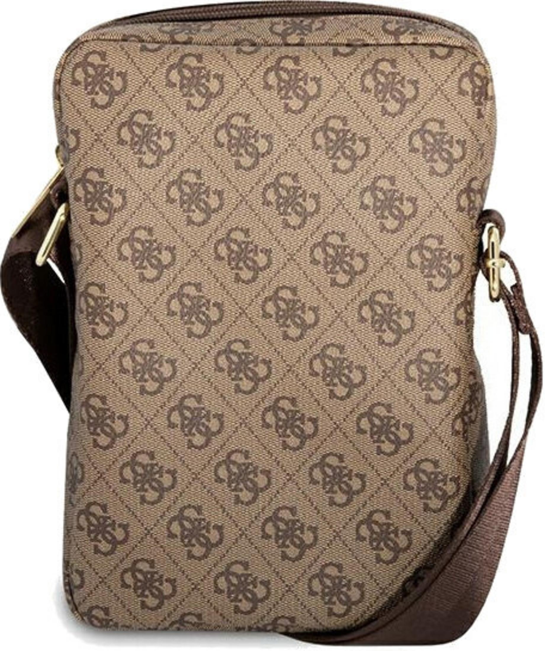 Brązowa torba na ramię z powtarzającym się wzorem logo GUESS i brązowym paskiem.