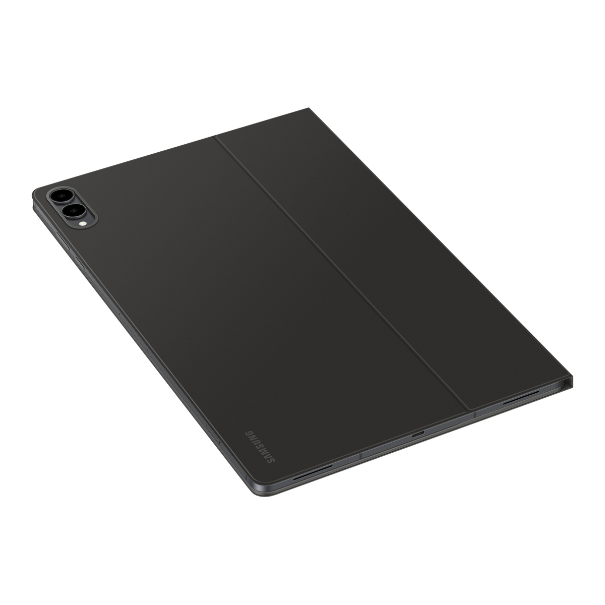 Czarny tablet z okładką książkową, kamery z tyłu.
