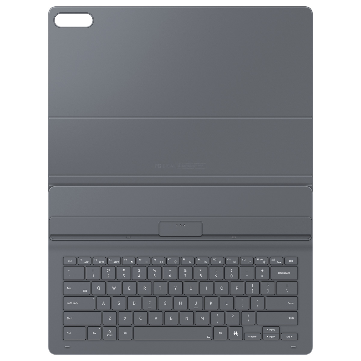 Szara klawiatura do tabletu z podświetlanymi klawiszami. Porty ładowania na górze.