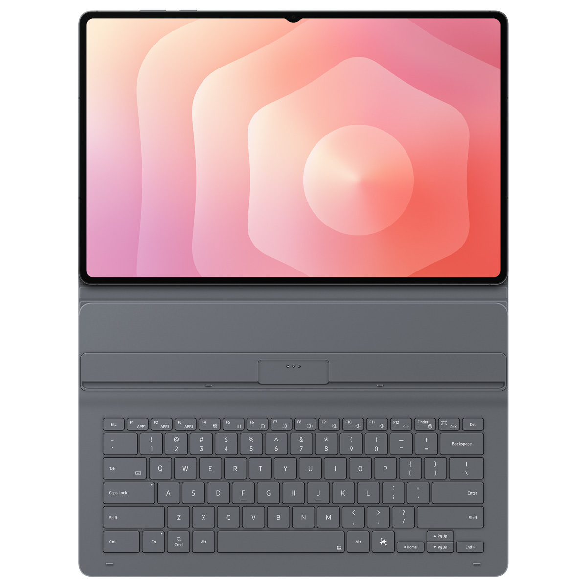 Szary tablet z podłączoną klawiaturą wyświetlający kolorowe tło.