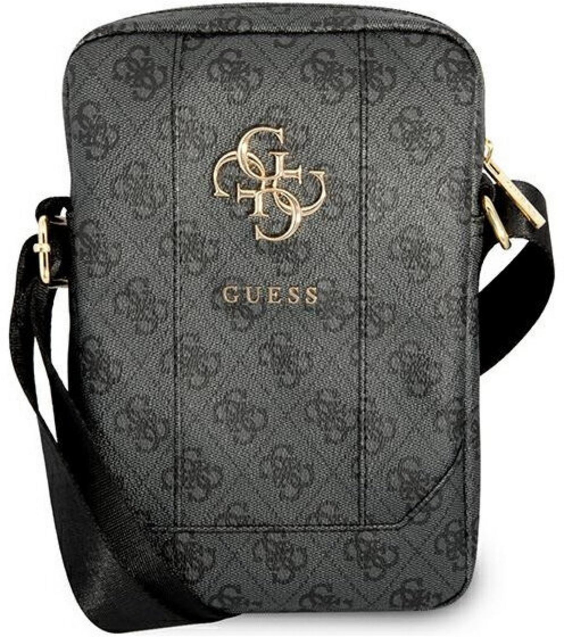 Szara torba na ramię Guess z wzorem logo i złotym logo.