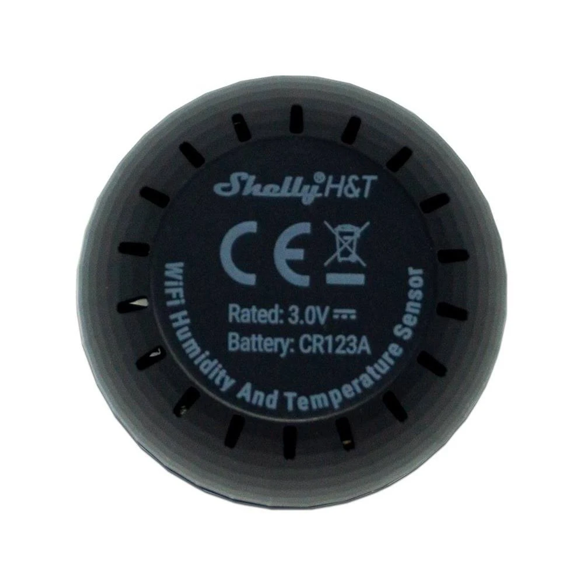 Retro di un sensore rotondo nero Shelly H&T WiFi per umidità e temperatura.