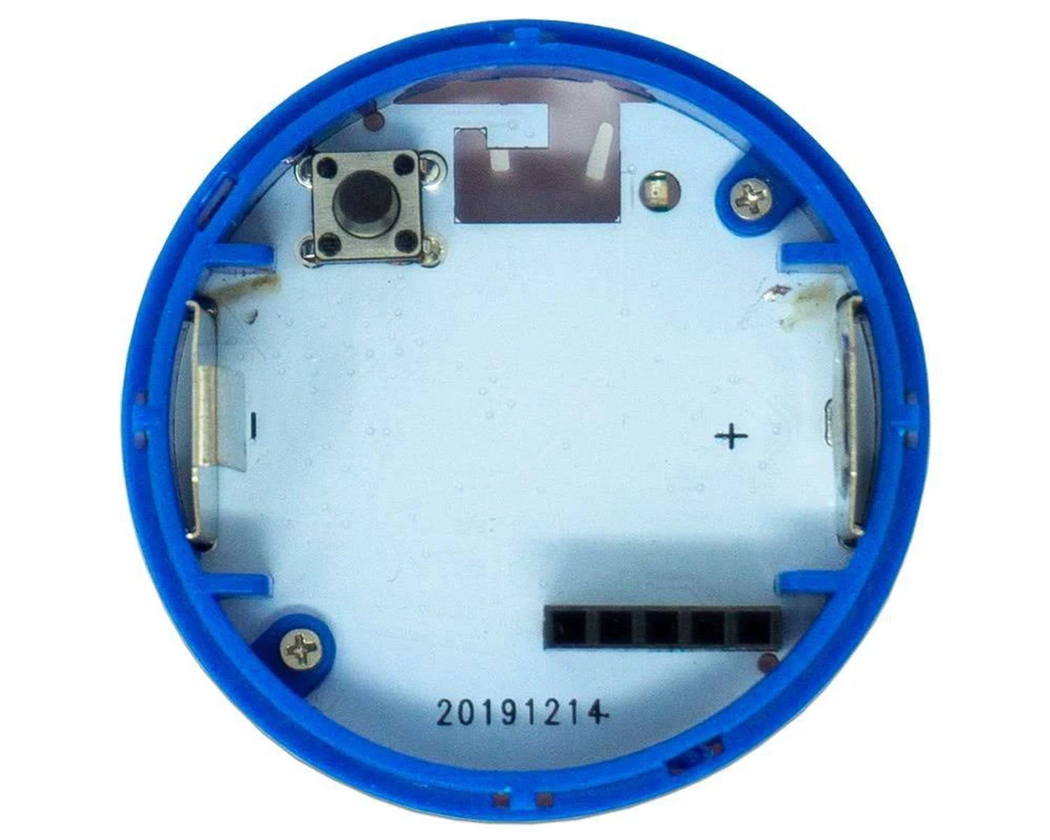 Scatola blu aperta con circuito stampato, pulsante, portabatterie e data.