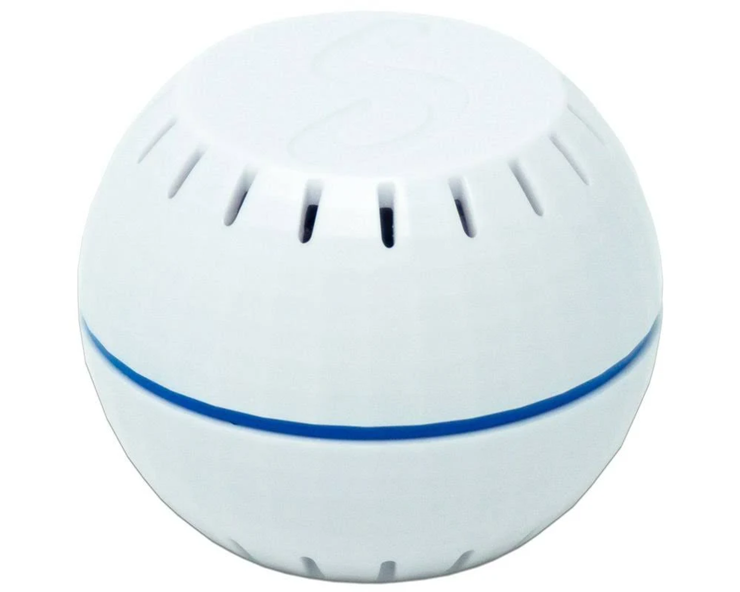 Un sensore sferico bianco con fessure di ventilazione e una striscia blu.