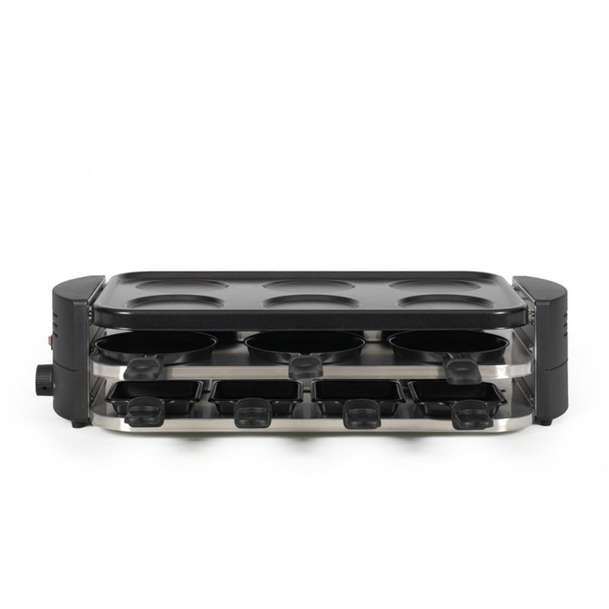 Ein Raclette-Grill mit sechs kleinen Pfannen und einer Grillplatte.