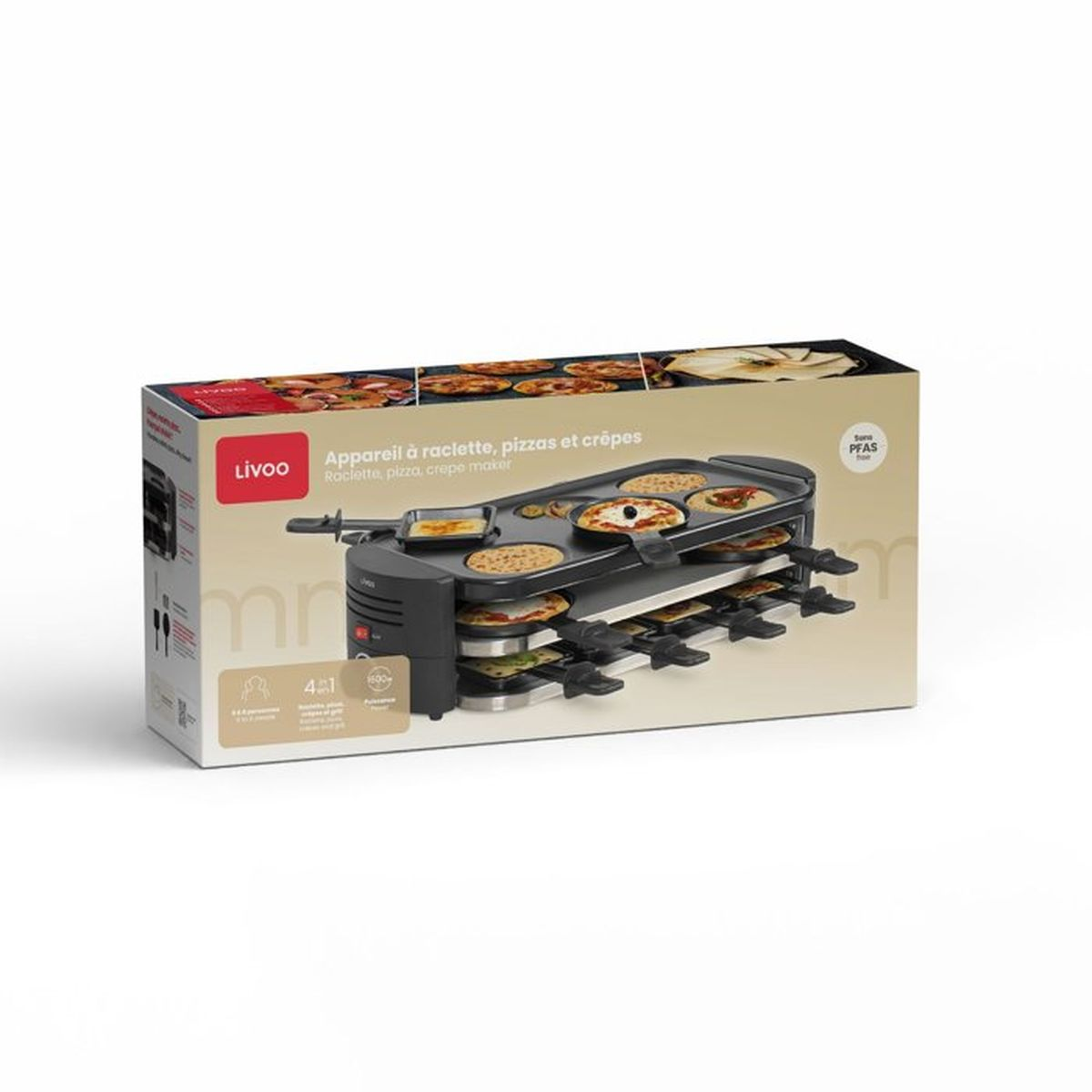 Ein Livoo Raclette, Pizza und Crêpe Maker mit Kochplatte und Pfännchen.