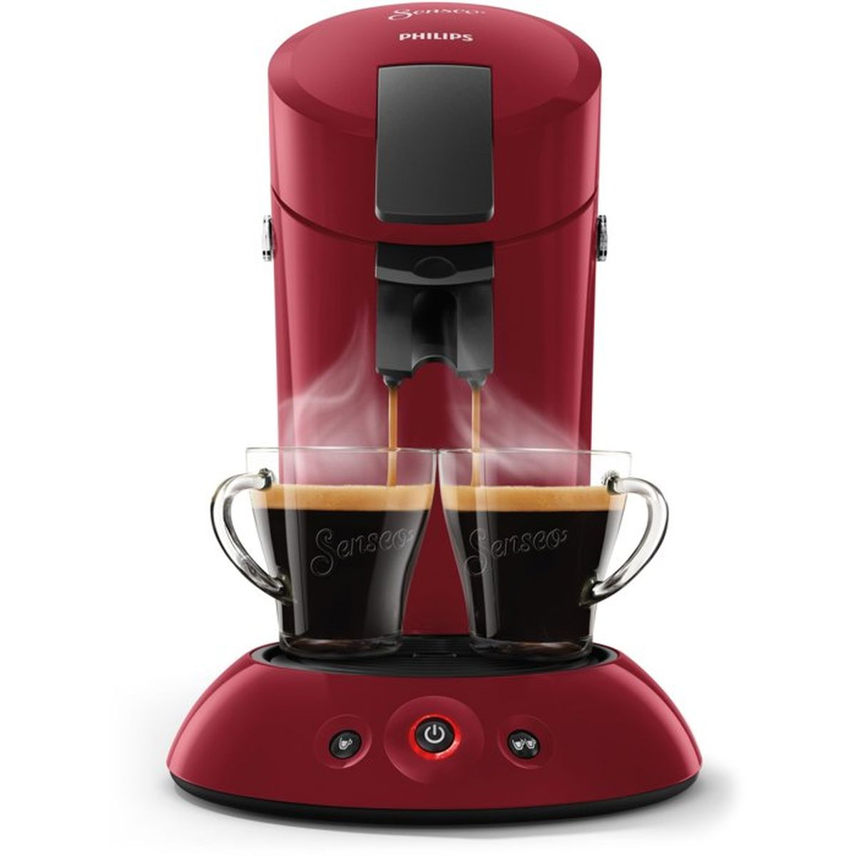 Rote Philips Senseo Kaffeemaschine brüht zwei Tassen Kaffee mit Dampf.