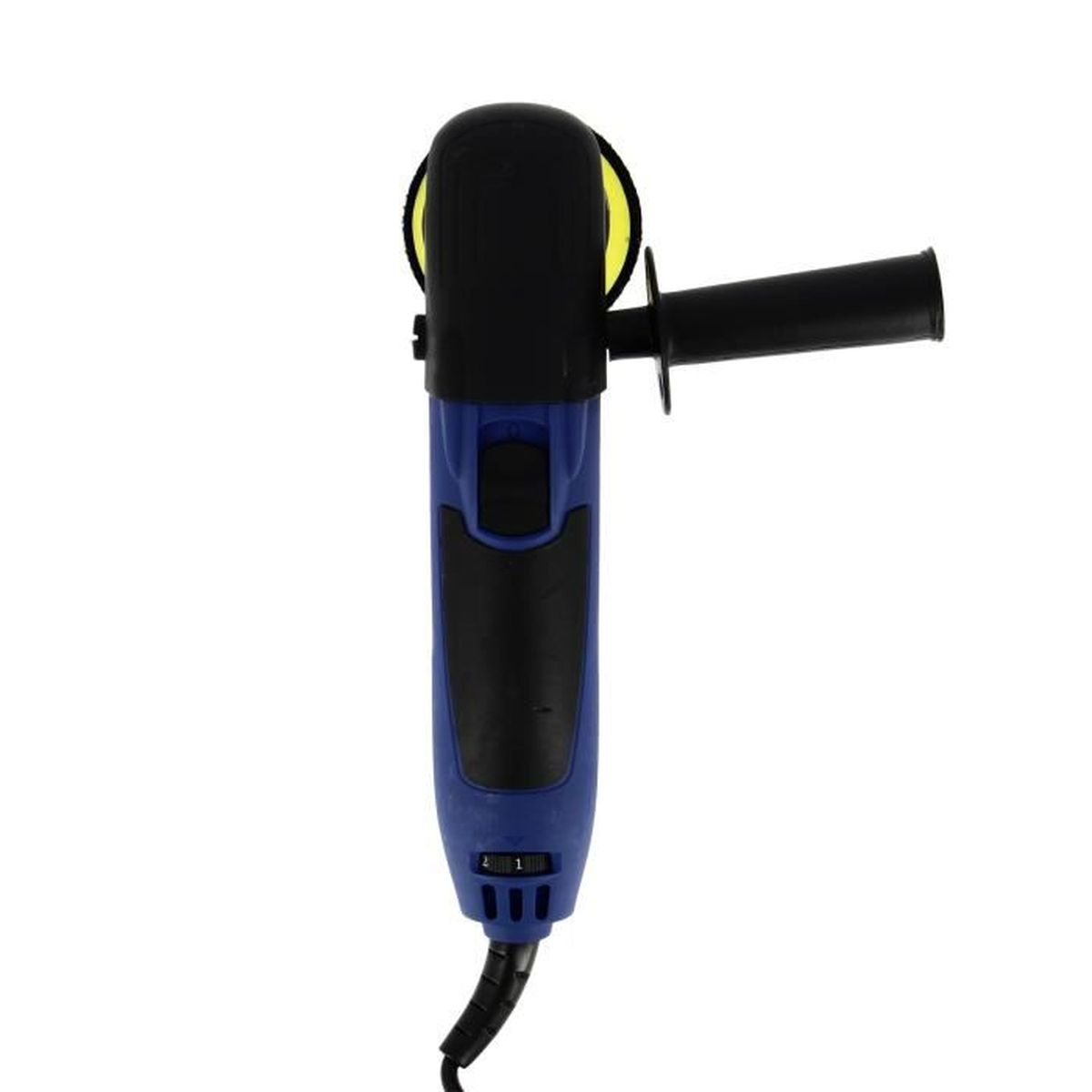 Een blauw en zwart polijstgereedschap met een extra handvat.