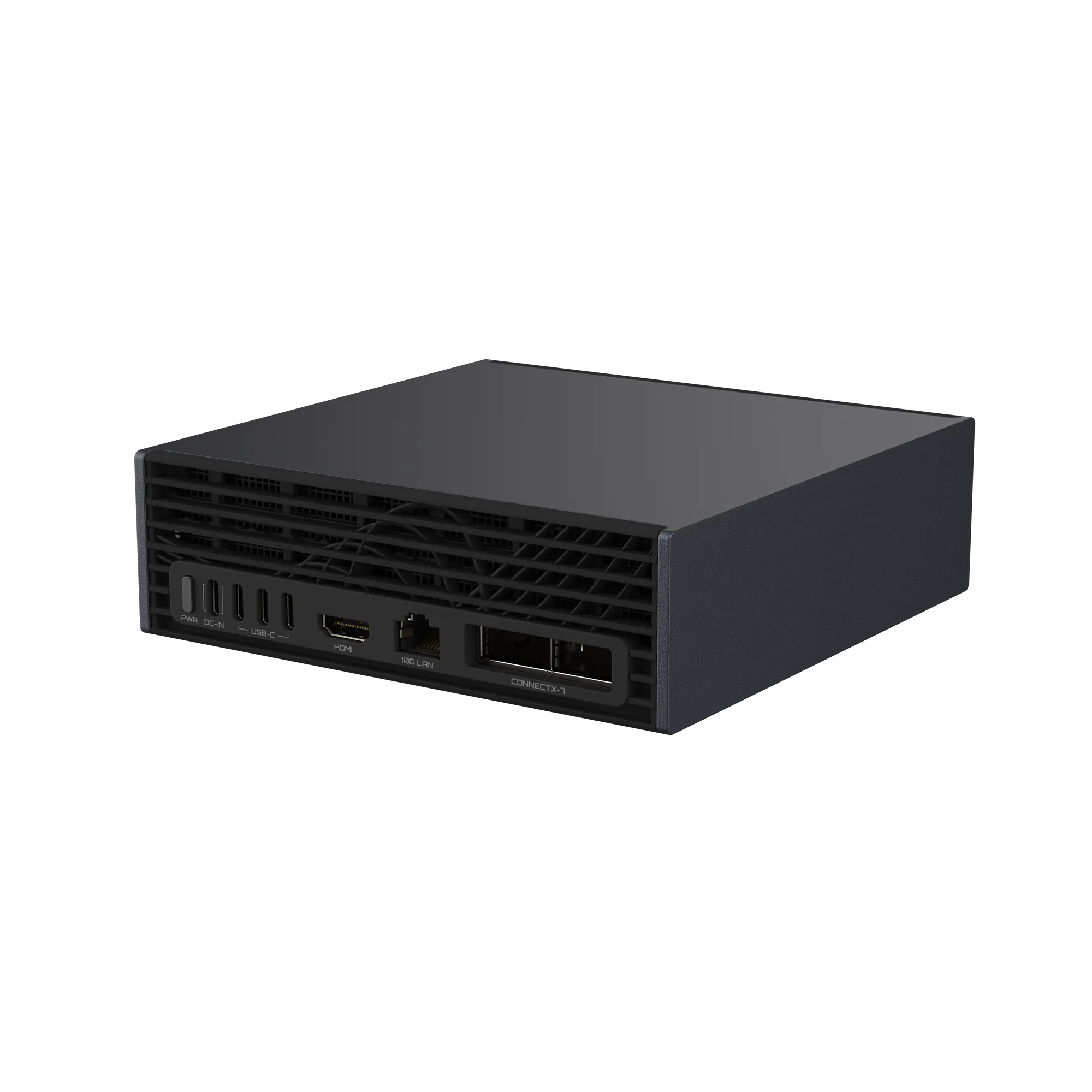 Caja de ordenador negra con puertos: PWR, DC-IN, USB-C, HDMI, 10G LAN.