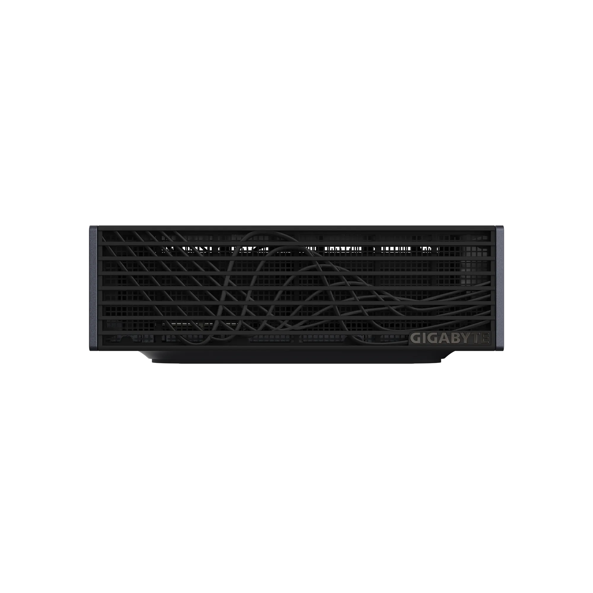 Carcasa negra Gigabyte con frontal de rejilla y diseño ondulado.
