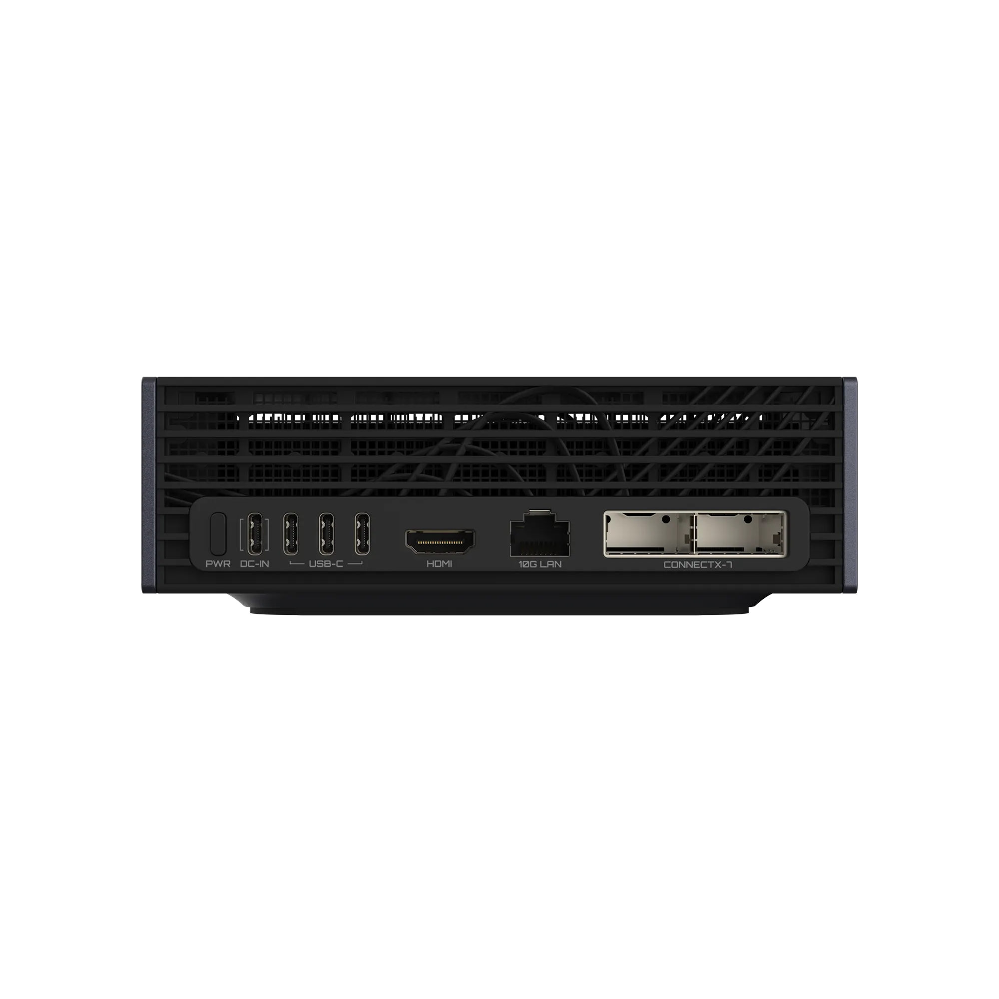 Parte trasera de un dispositivo negro con puertos: PWR, DC-IN, 2x USB-C, HDMI, 10G LAN, ConnectX-7.