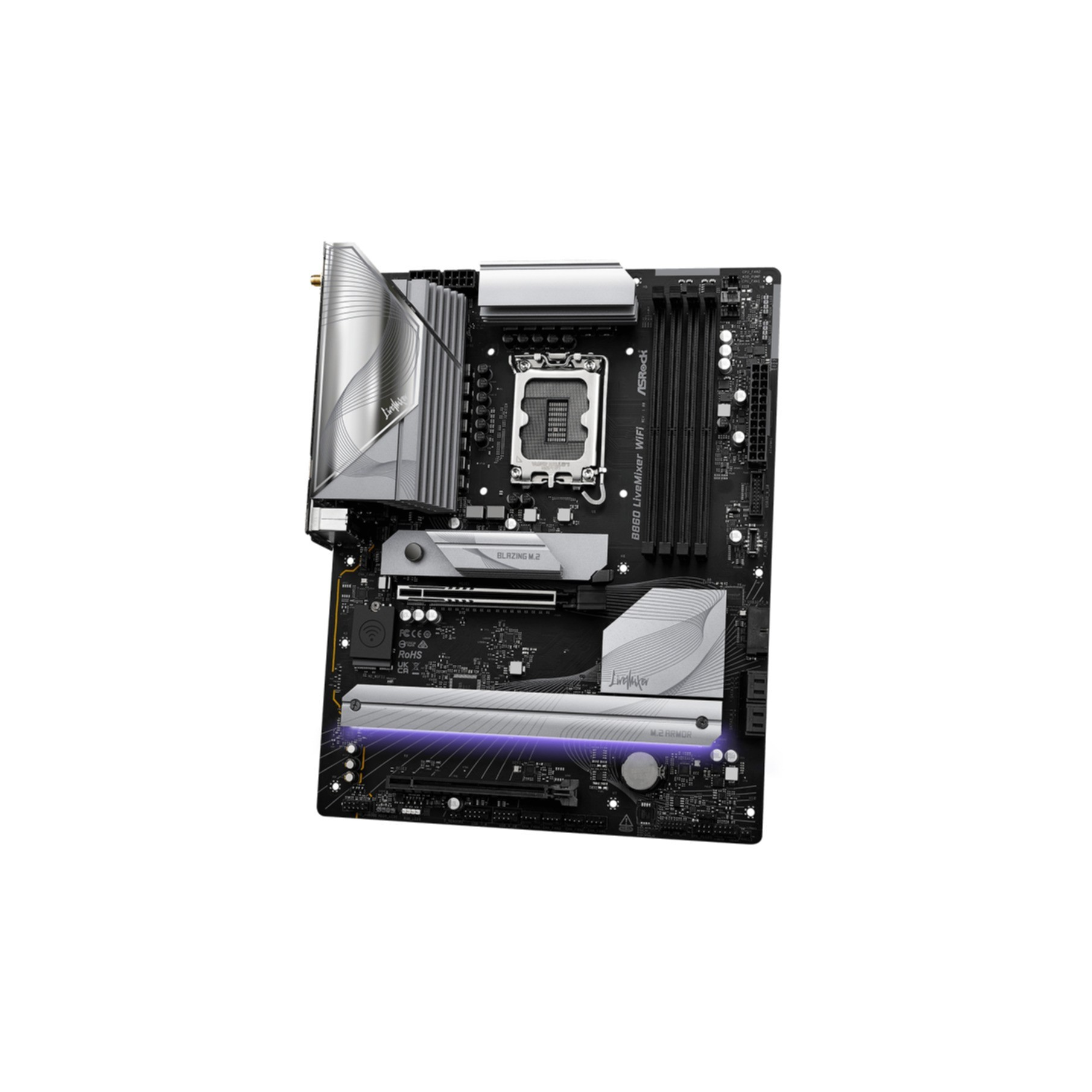 Czarna płyta główna ASRock z srebrnymi radiatorami i fioletowym podświetleniem LED.