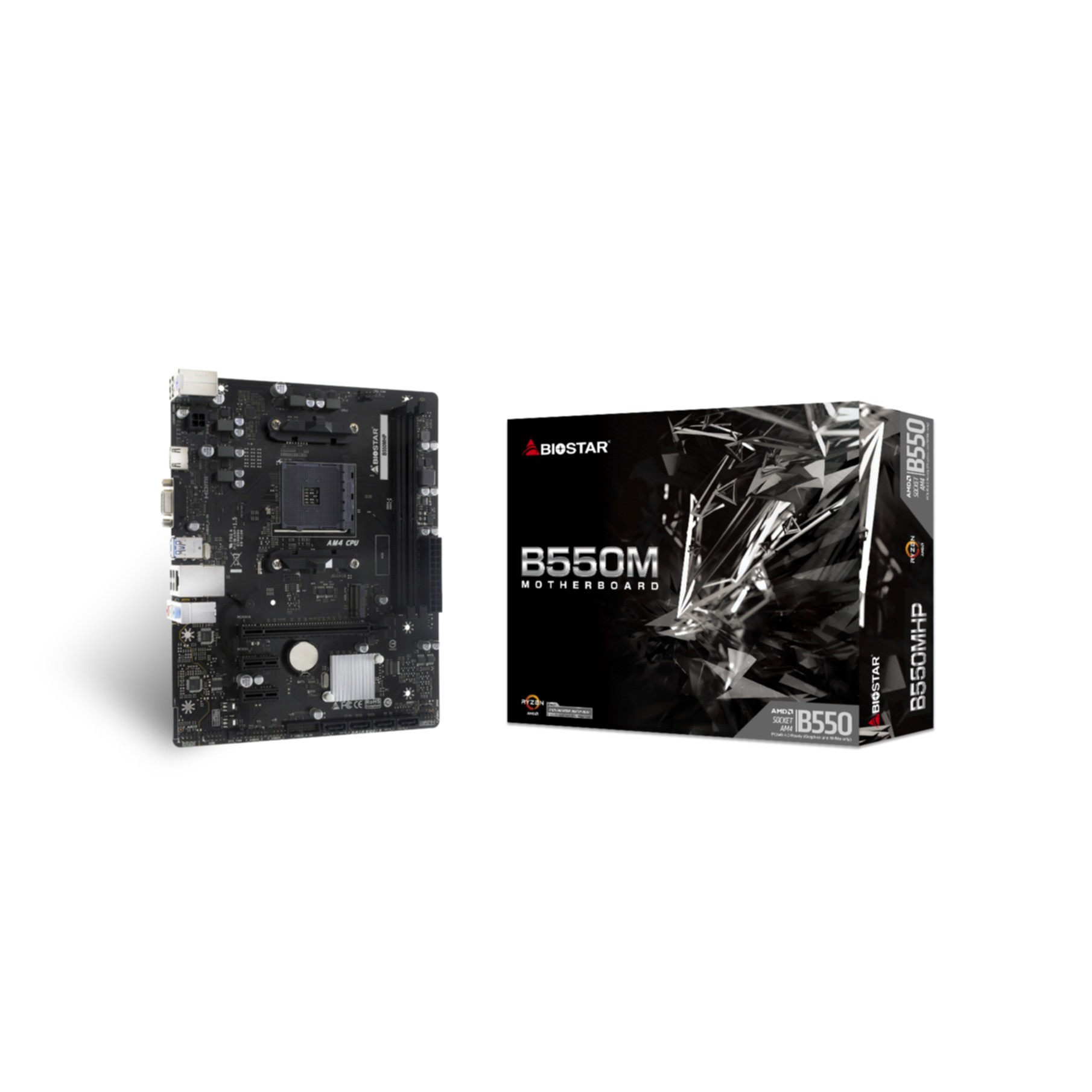 Une carte mère Biostar B550M noire et sa boîte sur fond blanc.