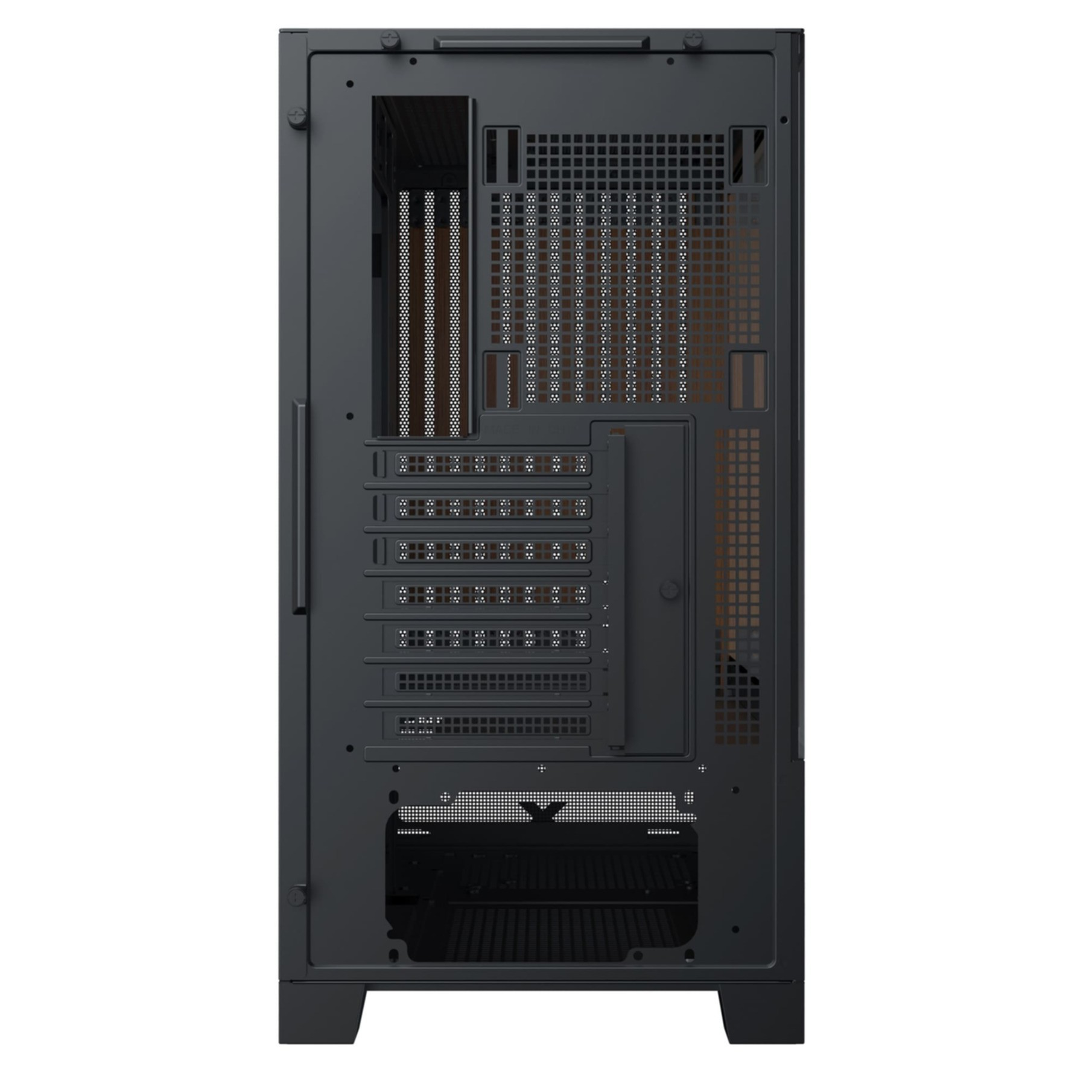 Retro di un case per computer nero con fessure di ventilazione e punti di montaggio.