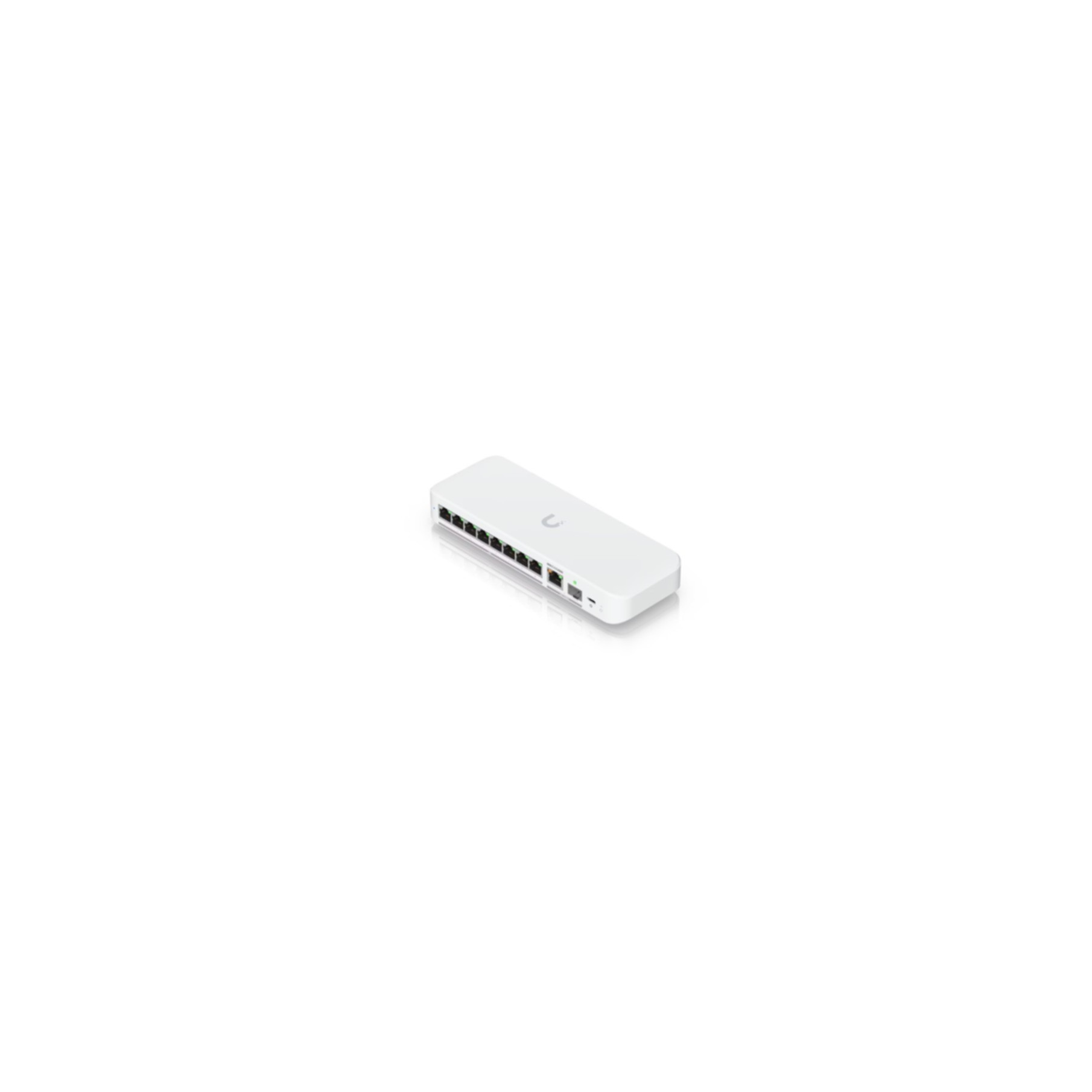 Een witte 8-poorts netwerkswitch met een USB-C-poort.