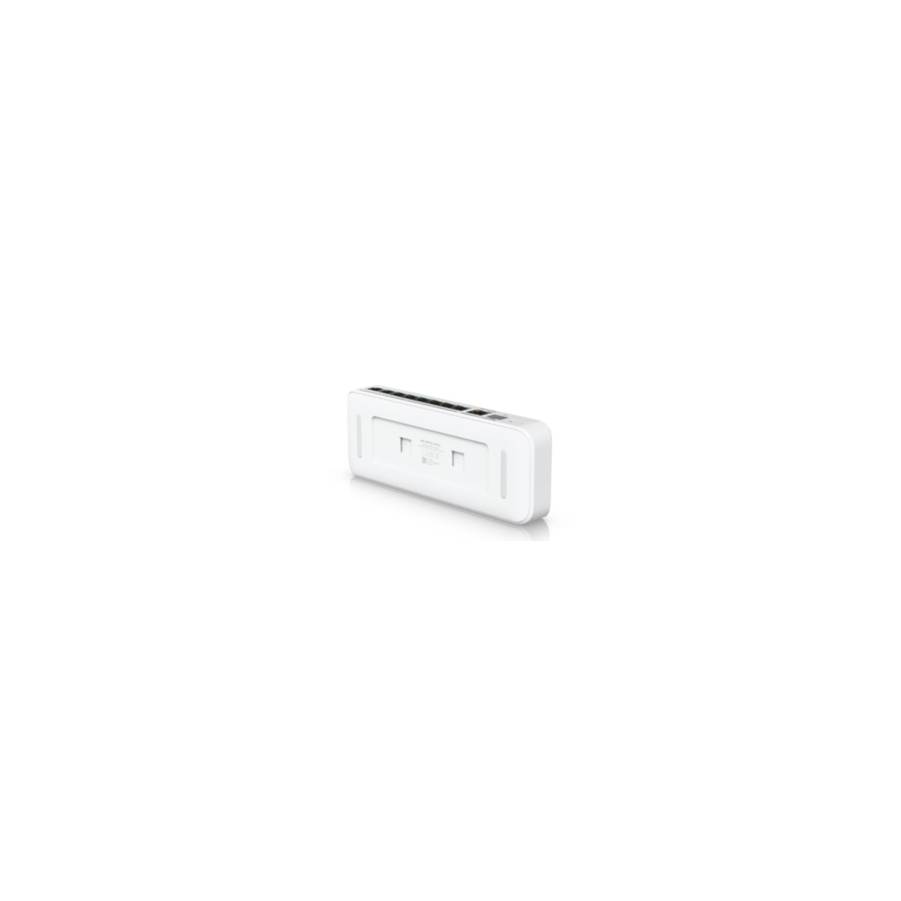 Een witte netwerkswitch met acht poorten.