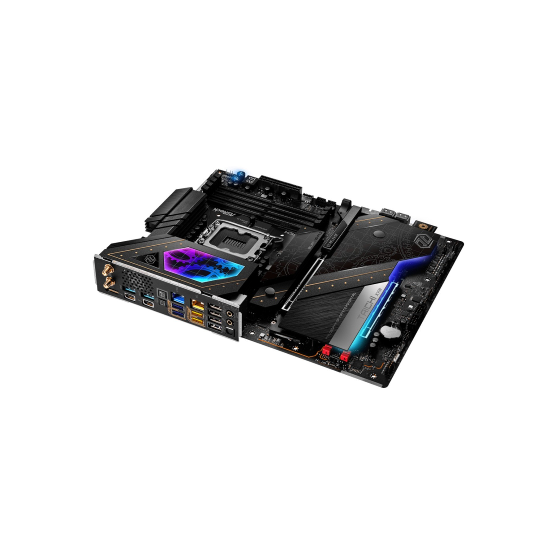 Czarna płyta główna z podświetleniem RGB i portami.