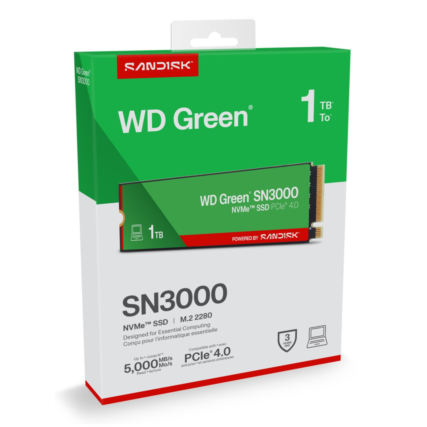 Zielone pudełko WD Green SN3000 1TB NVMe SSD PCIe 4.0 ze zdjęciem produktu.