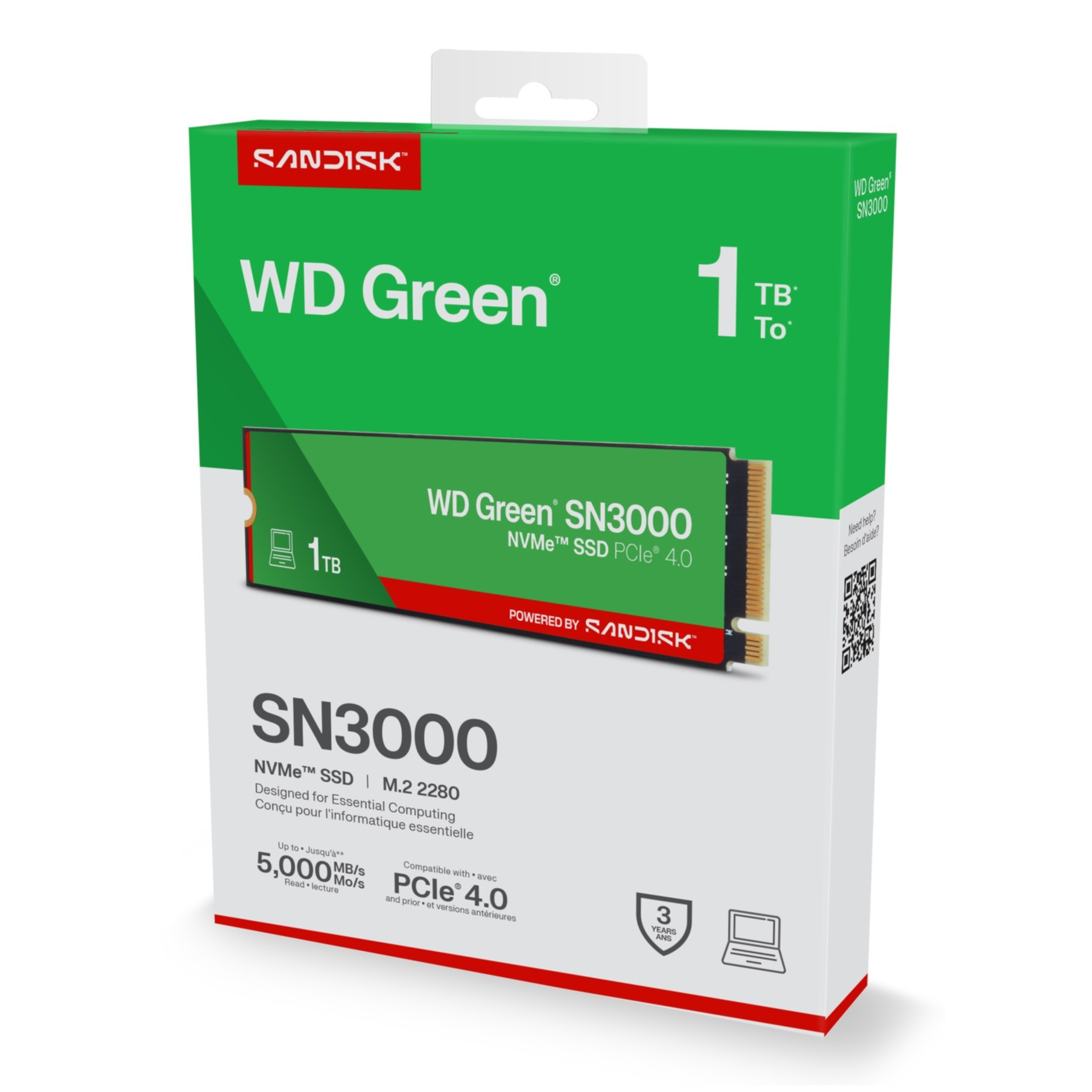 Dysk SSD NVMe WD Green 1TB w zielonym opakowaniu z logo Sandisk.