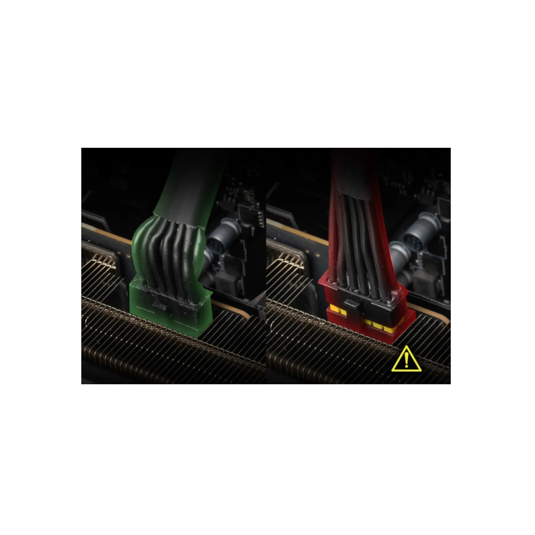 Zielone i czerwone złącza kablowe na płytce drukowanej, z symbolem ostrzegawczym.