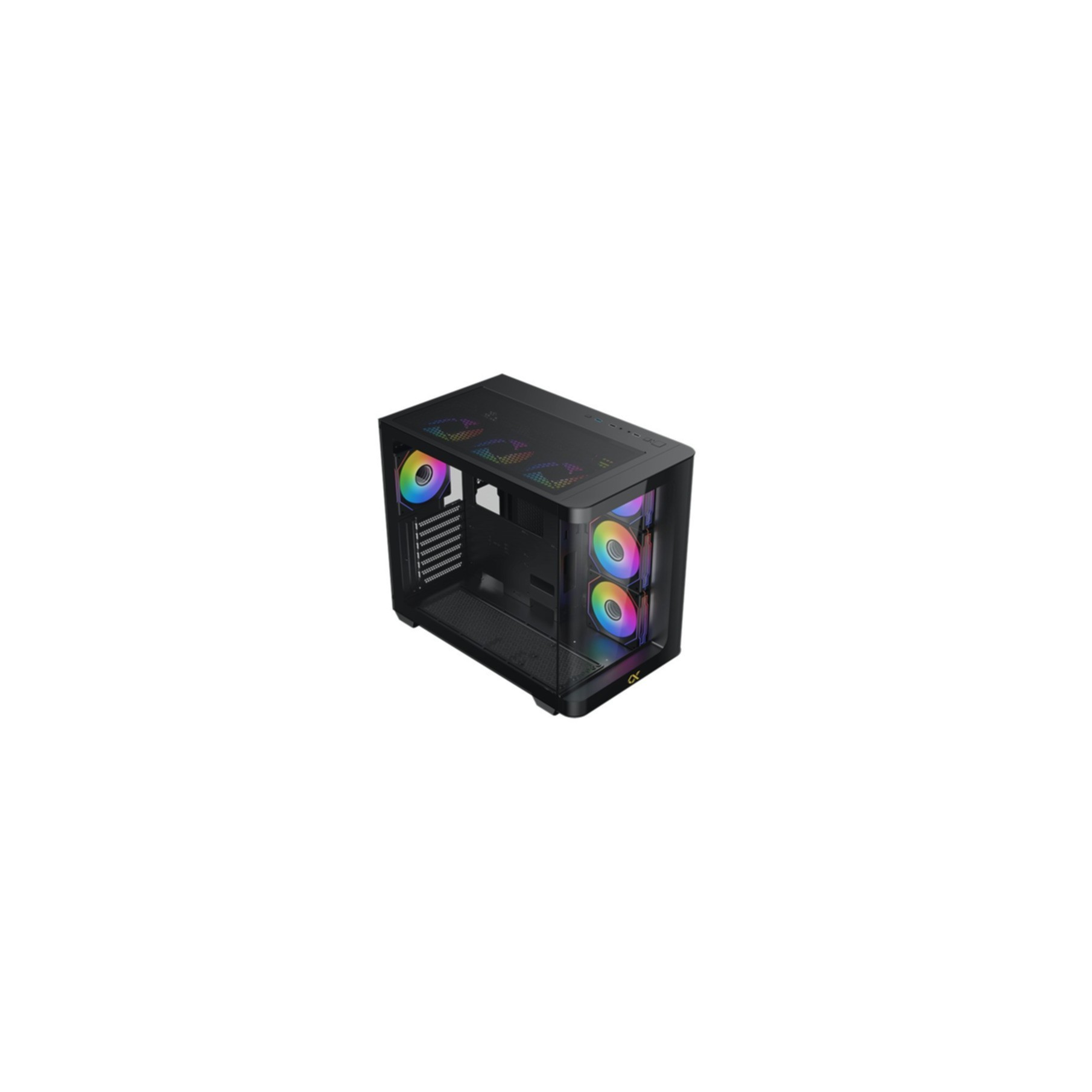 Case PC nero con frontale in vetro e ventole colorate.