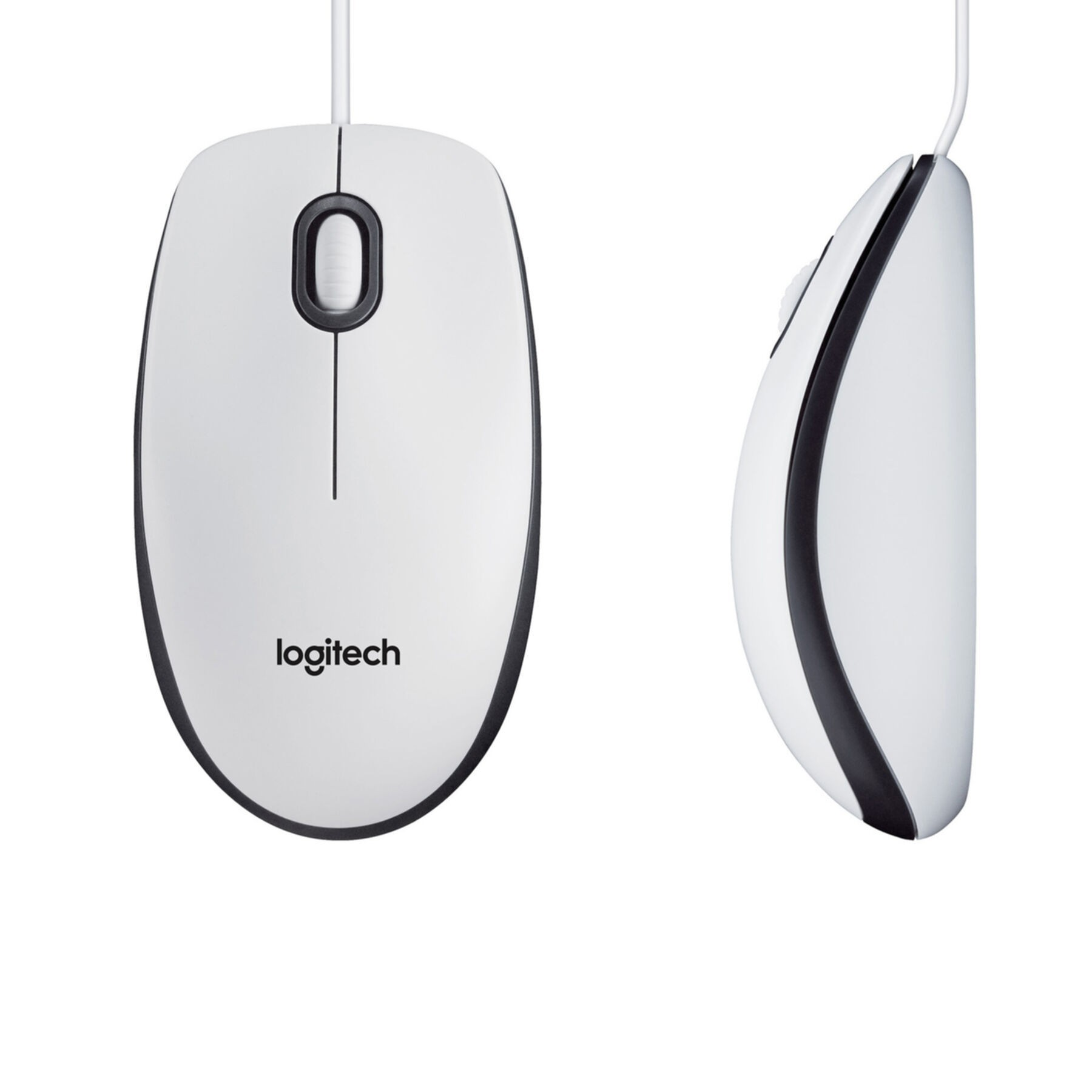 Biała mysz Logitech z kółkiem i czarną ramką. Widok z przodu i z boku.