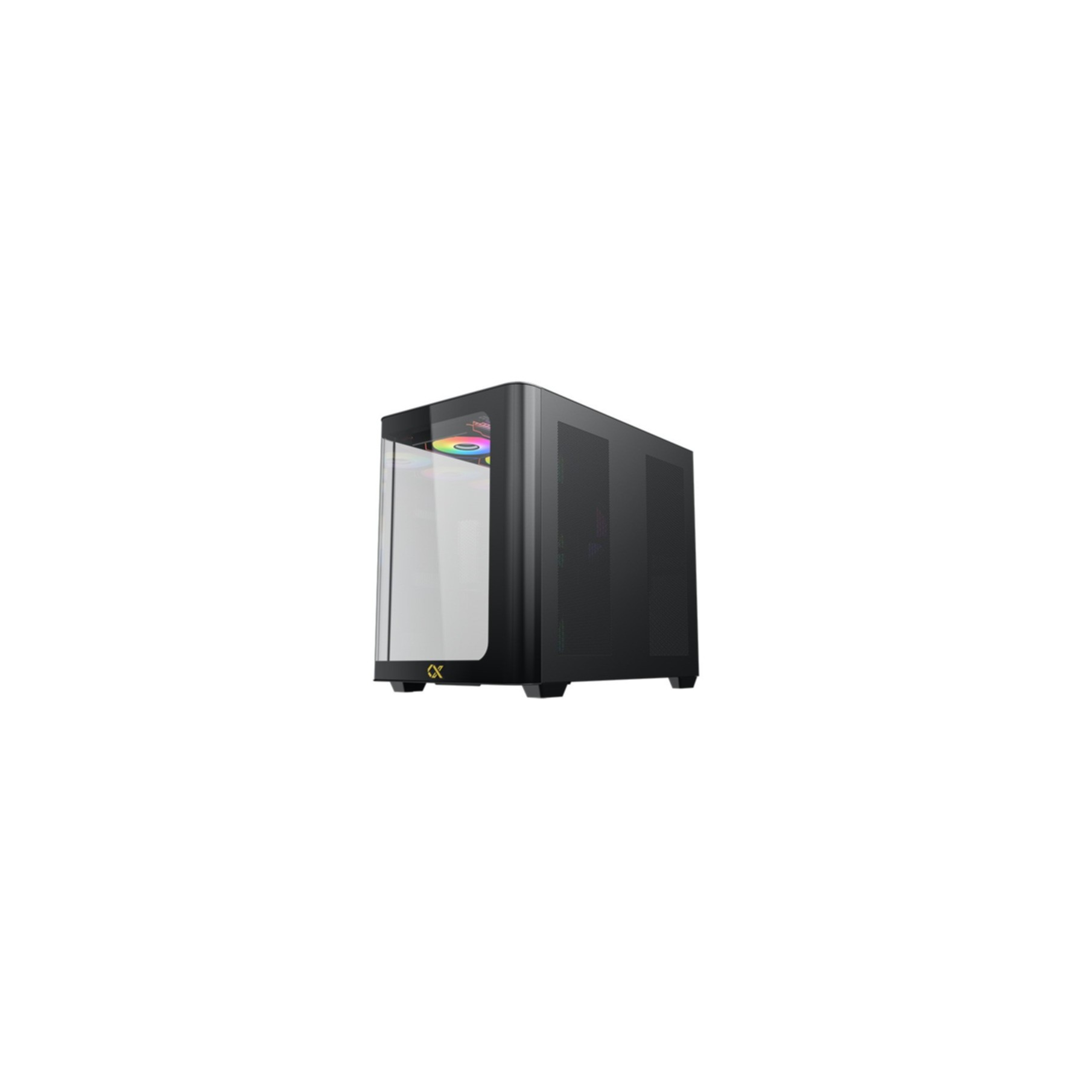 Case PC nero con frontale in vetro e ventola RGB. Logo in basso a sinistra.