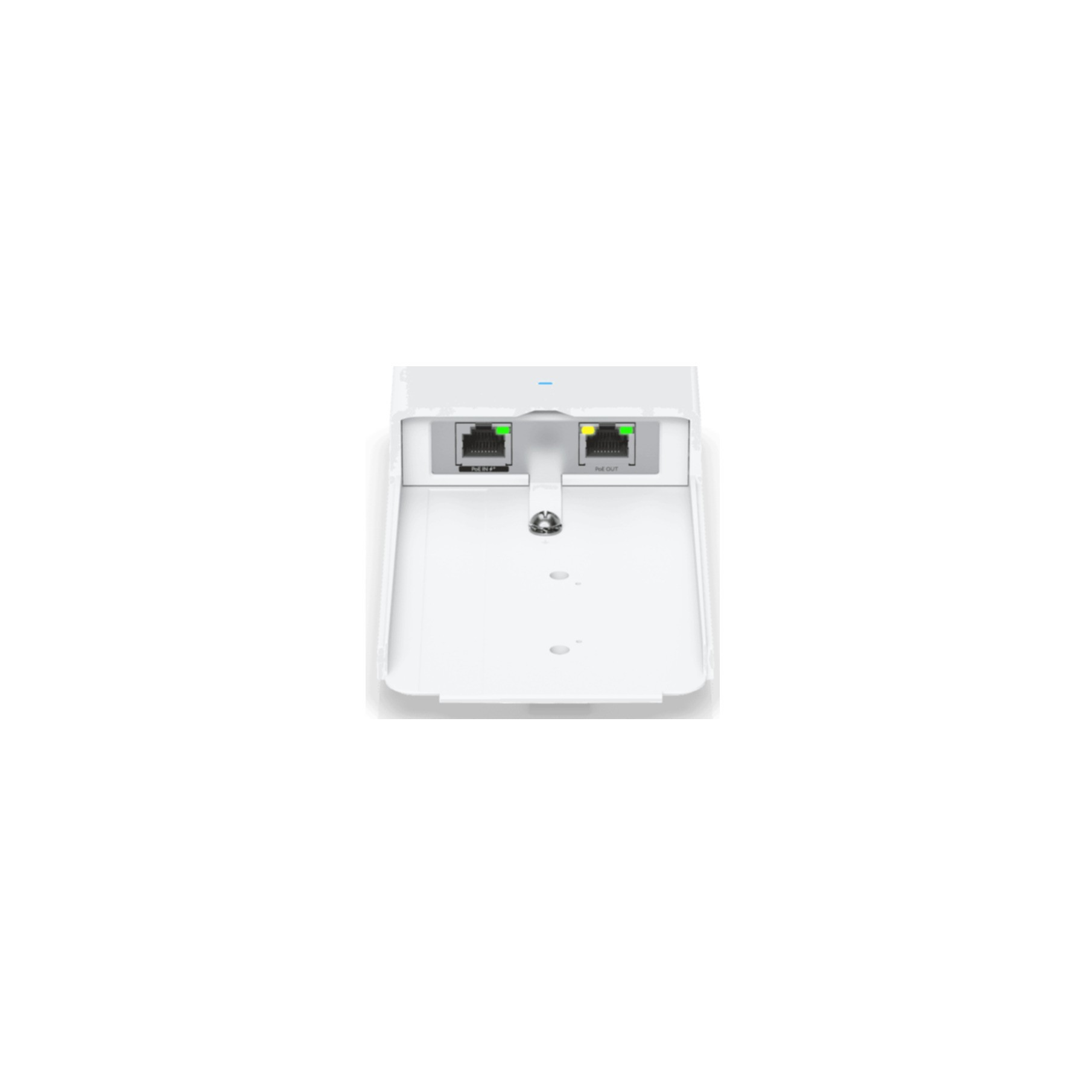 Boîtier blanc avec deux ports Ethernet, allumés en vert et jaune.