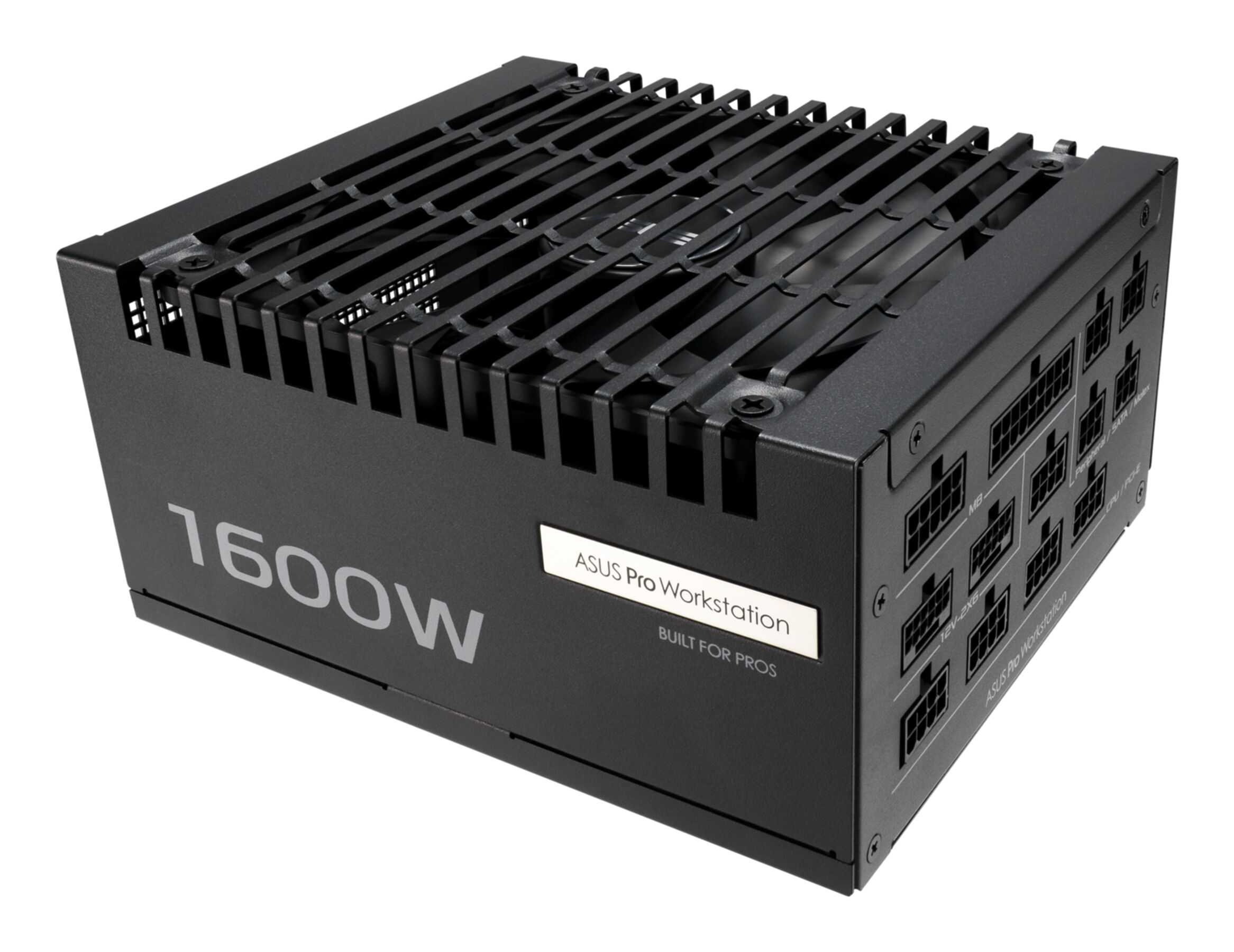 Alimentatore PC nero da 1600W con griglia ventola e connettori.