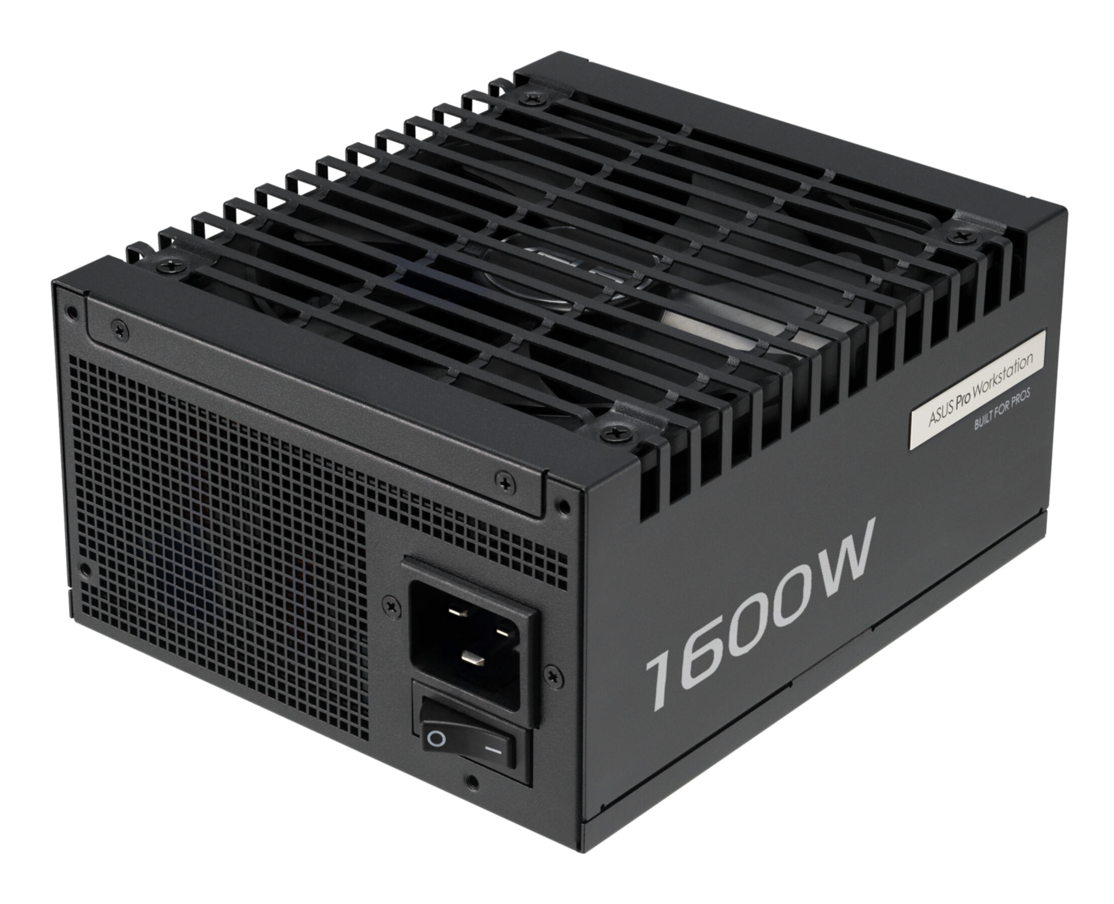 Alimentatore nero con griglia ventola ed etichetta 1600W.