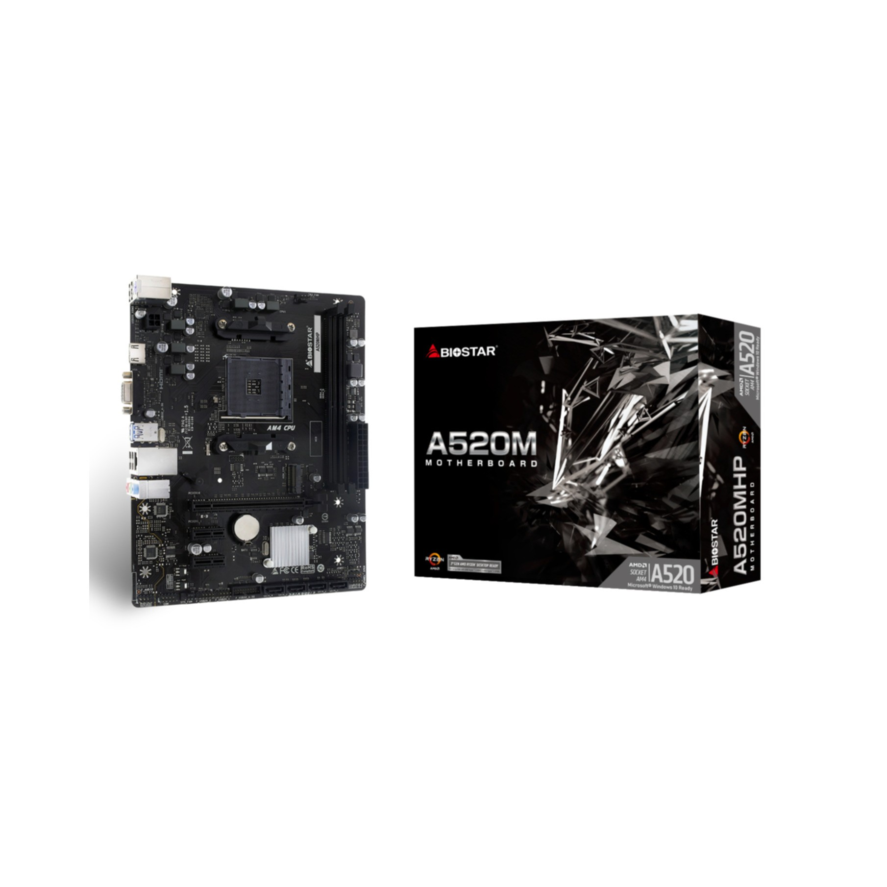 Czarna płyta główna i jej pudełko z napisem "A520M MOTHERBOARD".