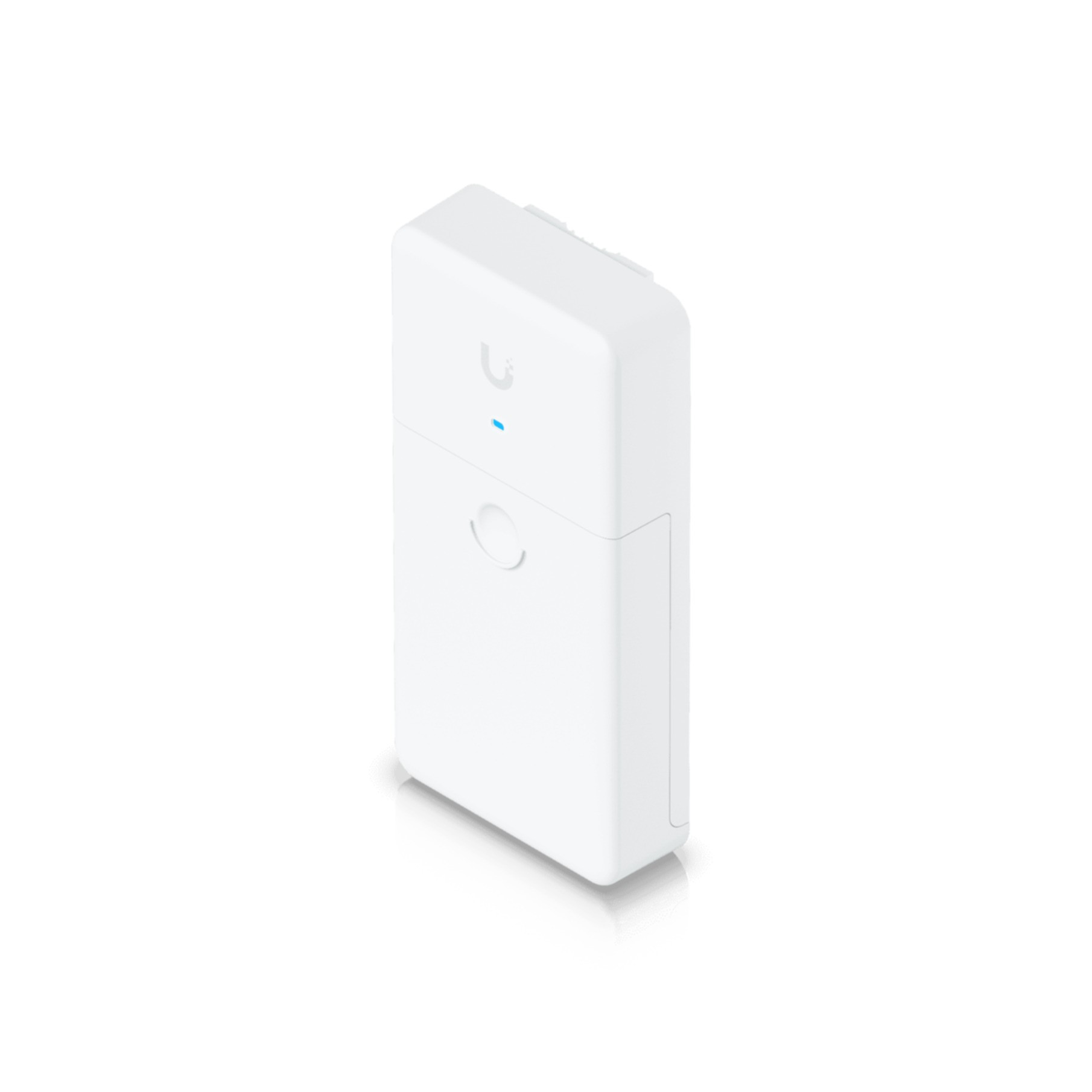 Un appareil blanc et rectangulaire avec un point bleu et un cercle.