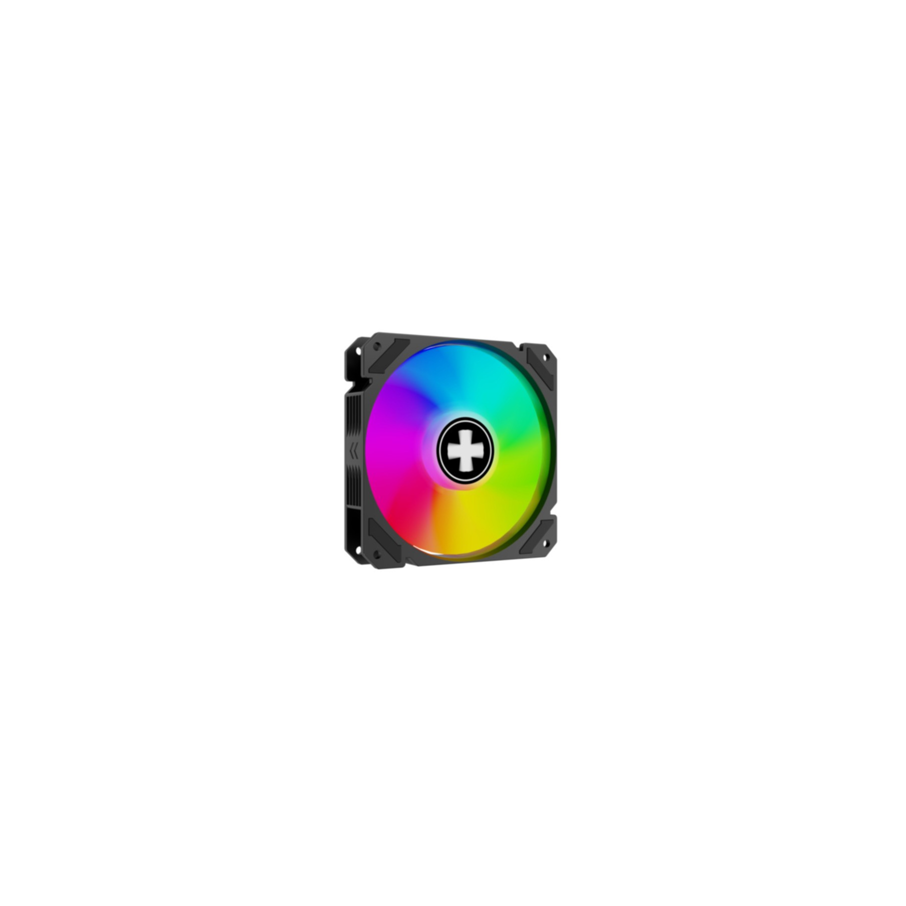 A black PC fan with RGB lighting and a white cross in the center.