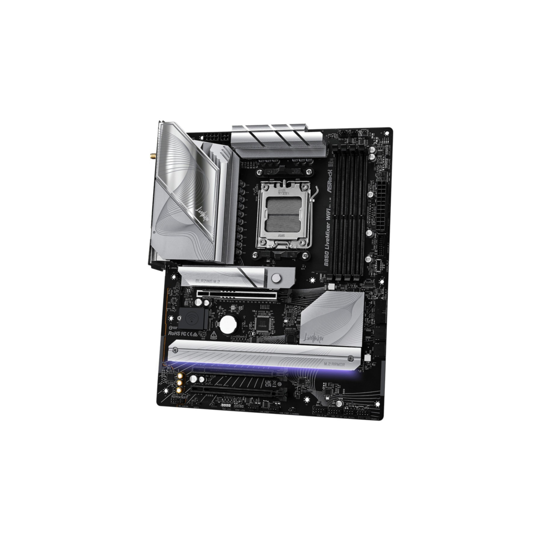 Czarna płyta główna z srebrnymi radiatorami i fioletowym podświetleniem.