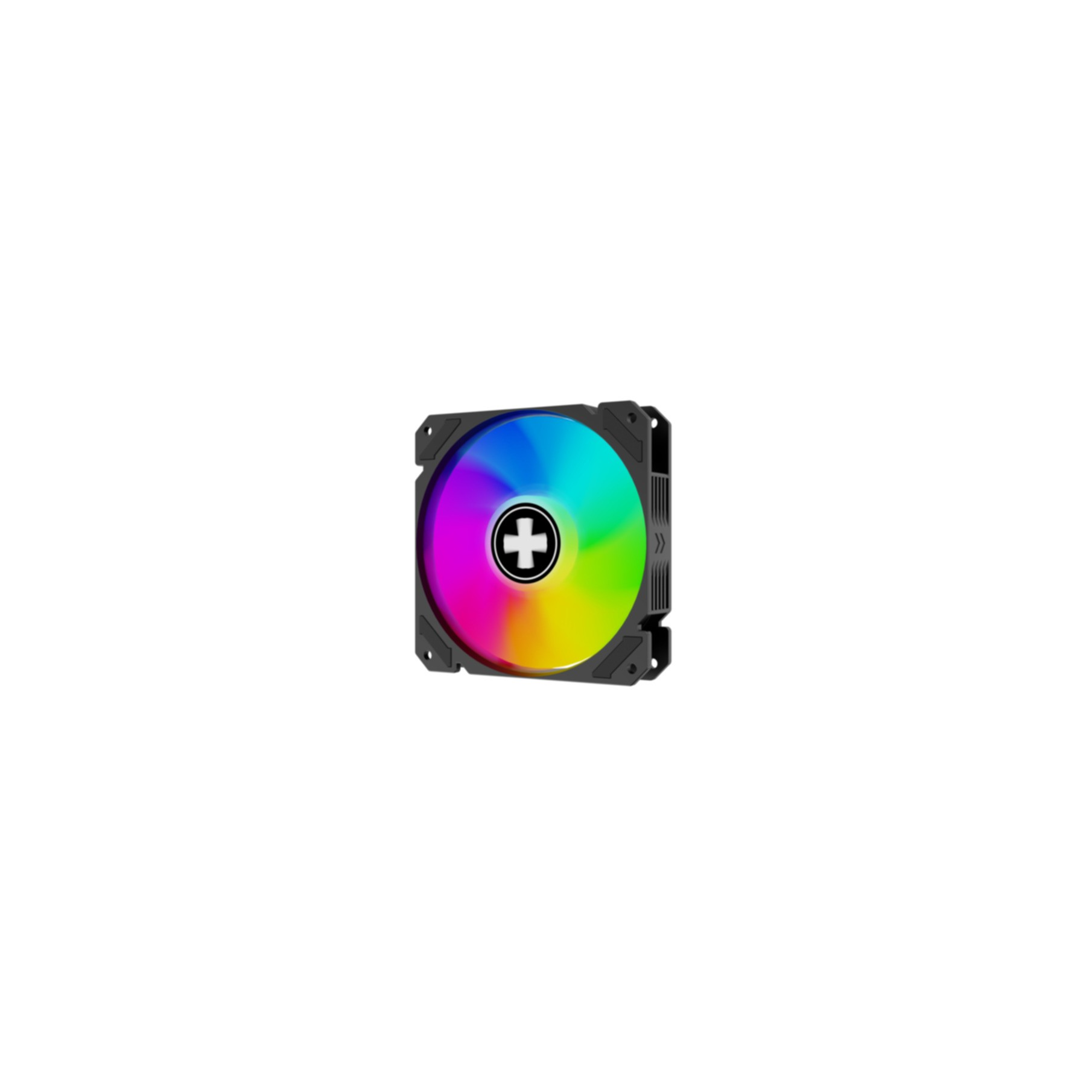 A black computer fan with colorful RGB LEDs and a white cross in the center.