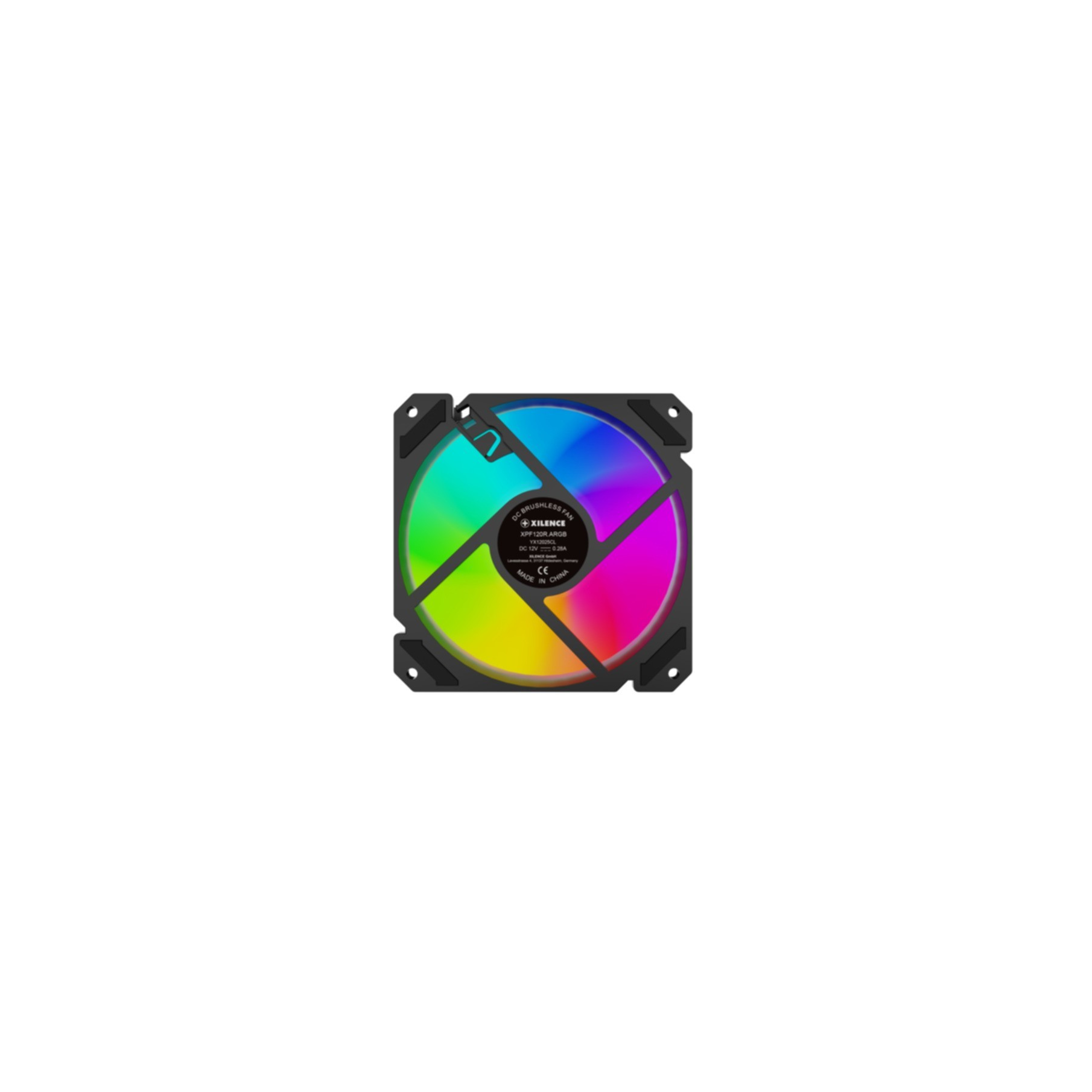A black computer fan with RGB lighting and black corners.